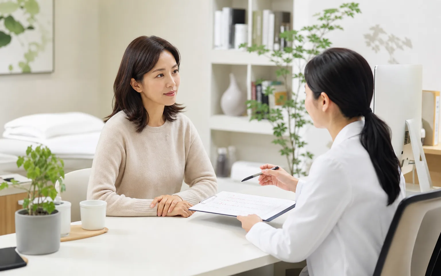 조기폐경 환자가 진료실에서 생리 중단과 검사 기록 상담을 시작하는 장면