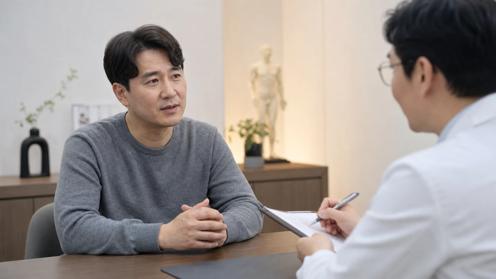 발기부전으로 상담을 망설이던 남성 환자가 초진에서 생활 조건과 증상 기록을 설명하는 장면