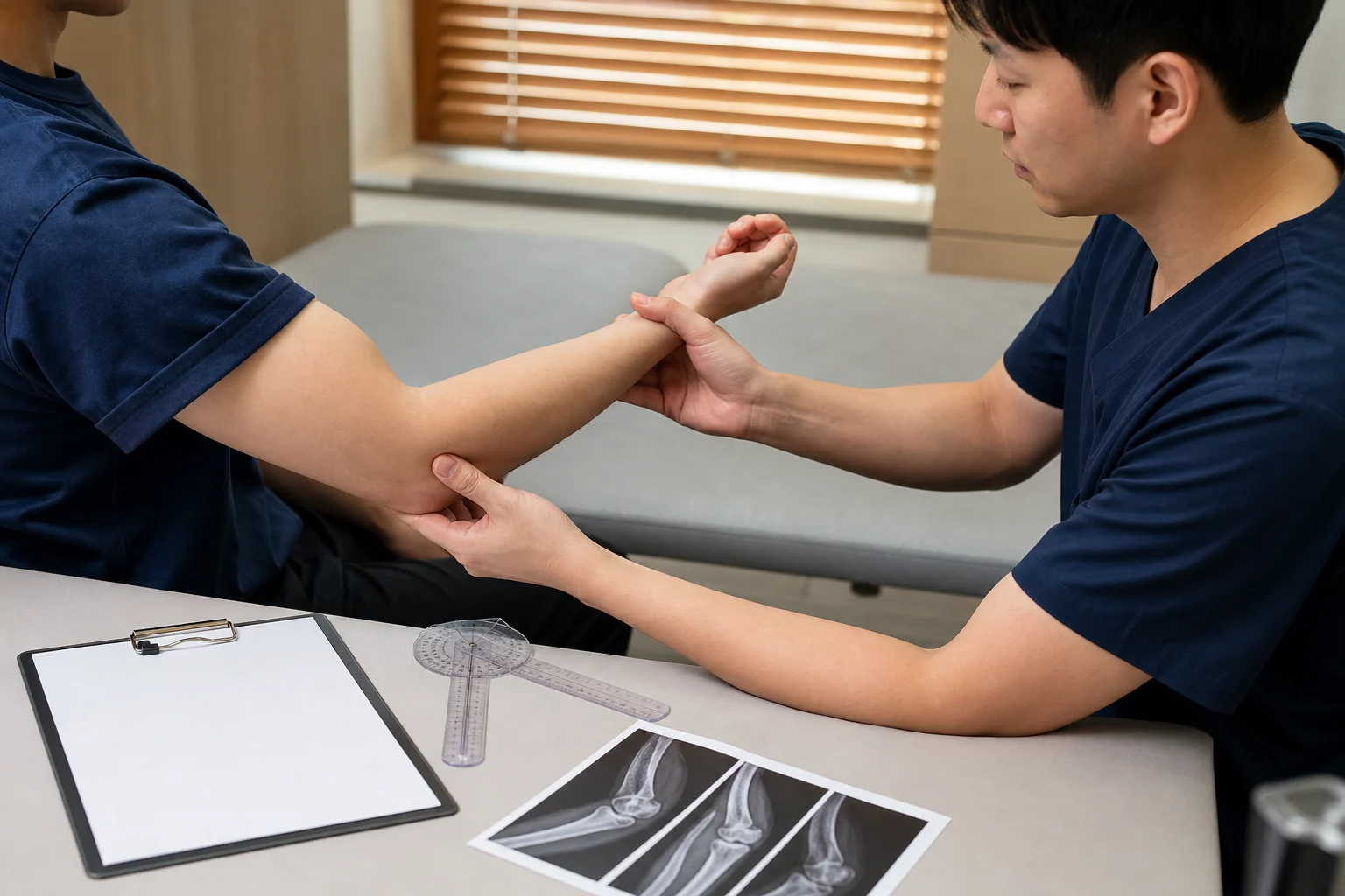 한국인 의료진이 팔꿈치 가동 범위와 전완부 긴장을 확인하며 영상자료와 기록지를 함께 보는 국내 진료실 장면