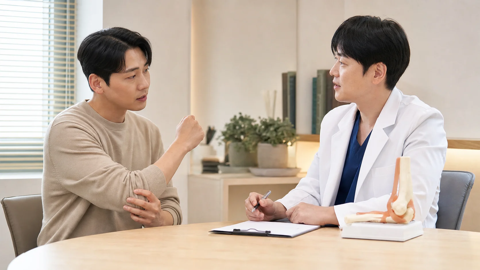 한국인 팔꿈치 통증 환자가 국내 의료 상담 공간에서 팔꿈치 바깥쪽 통증과 그립 불편을 상담하는 장면