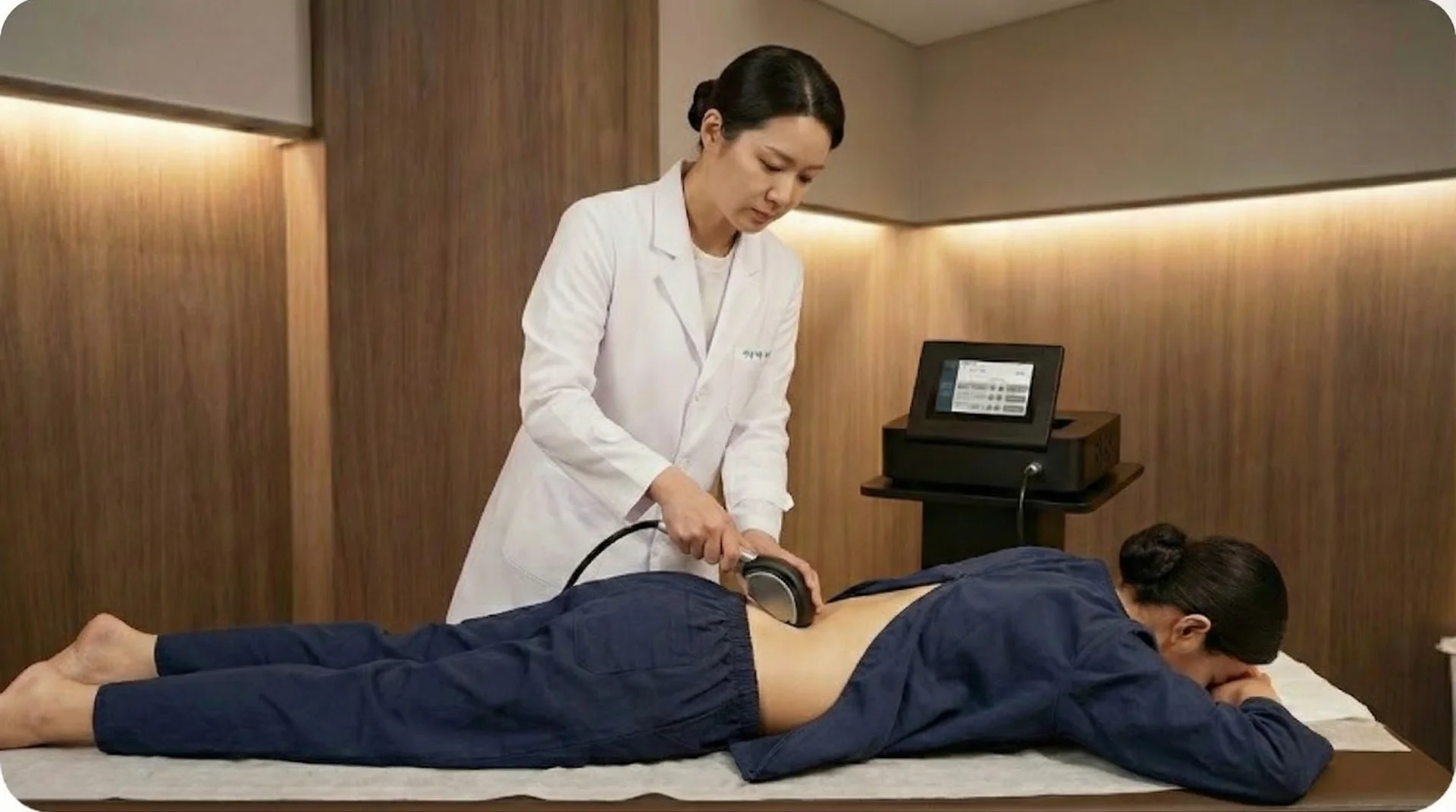 자궁내막증식증 체크포인트에서 하복부 반응과 출혈 뒤 컨디션을 확인하는 치료 장면