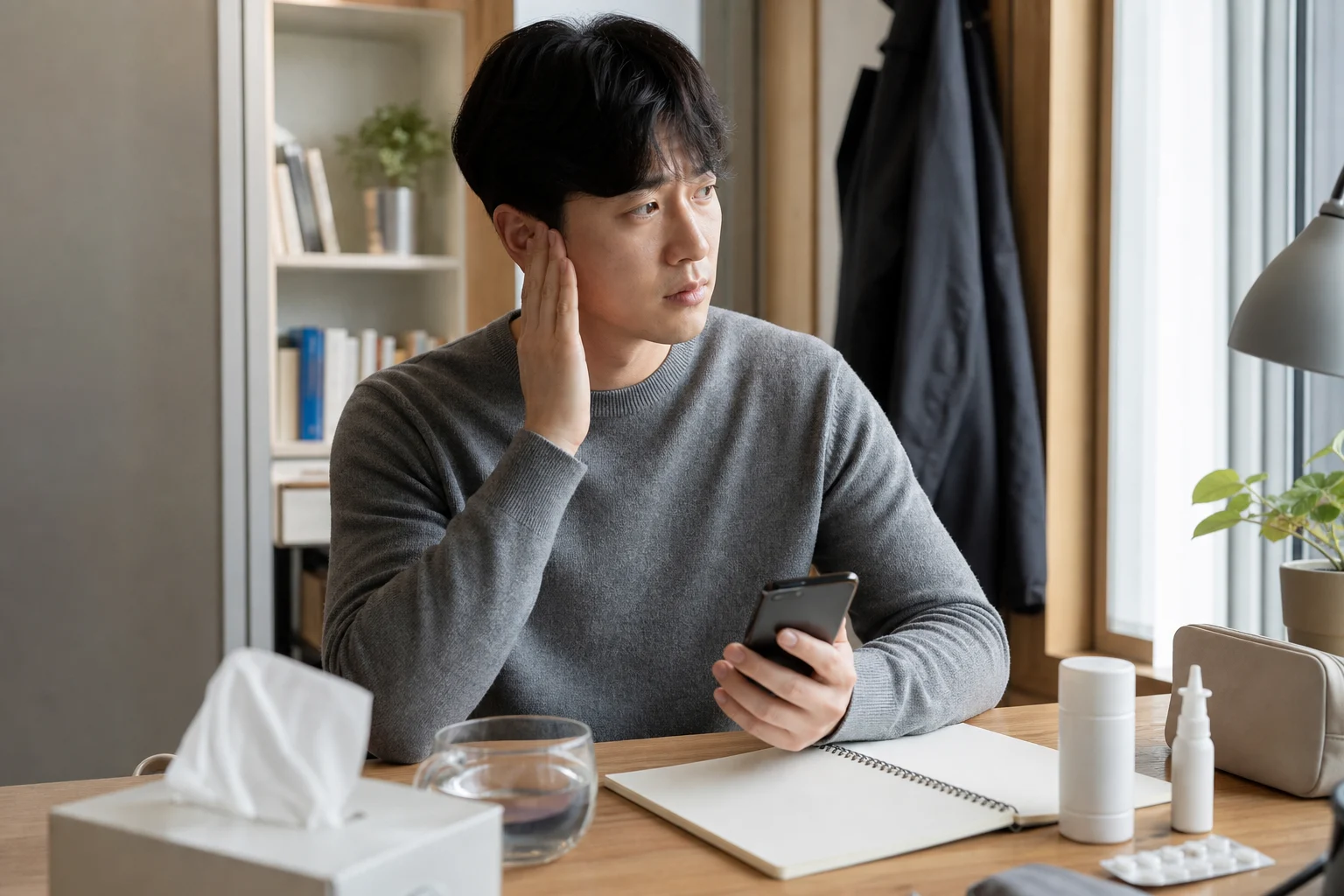 한국인 이관기능장애 환자가 귀 압박감과 감기 뒤 반복 상황을 생활 기록으로 정리하는 장면