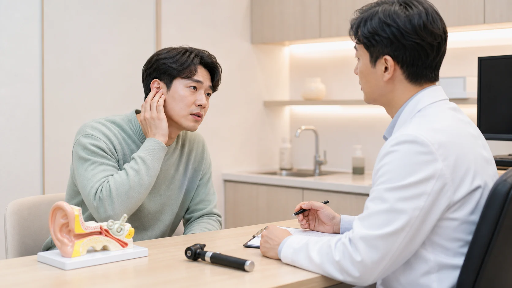 한국인 이관기능장애 환자가 귀 먹먹함과 압력 변화를 국내 한의원 상담실에서 설명하는 장면