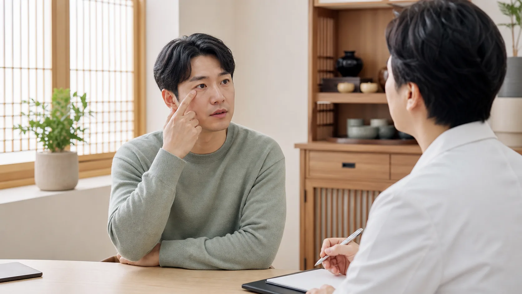 눈통증으로 눈 주변 통증 위치를 설명하는 한국인 환자와 국내 한의원 상담 장면