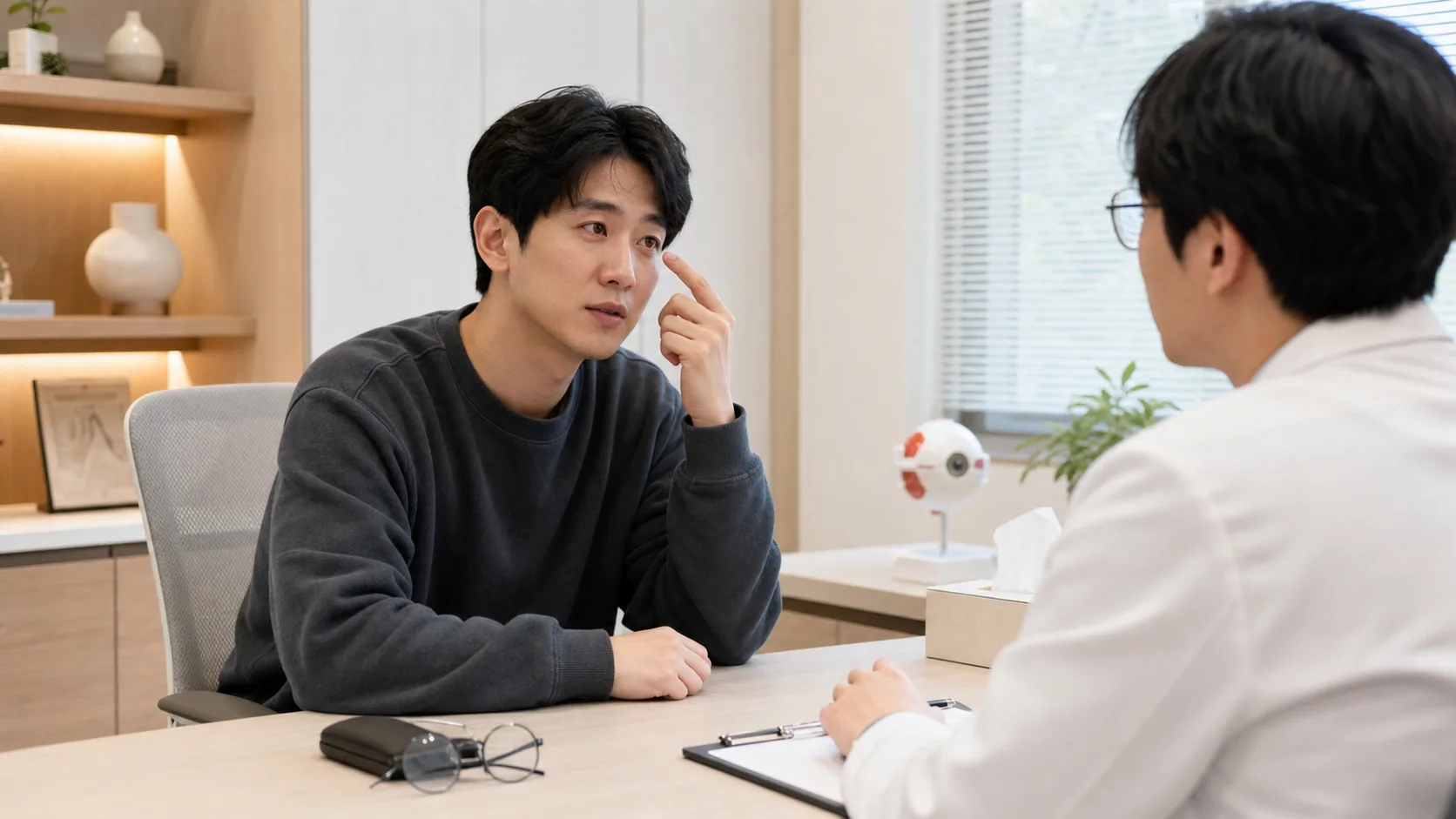 눈충혈로 반복 시간과 렌즈 사용 기록을 상담하는 한국인 환자와 한의사 진료 장면