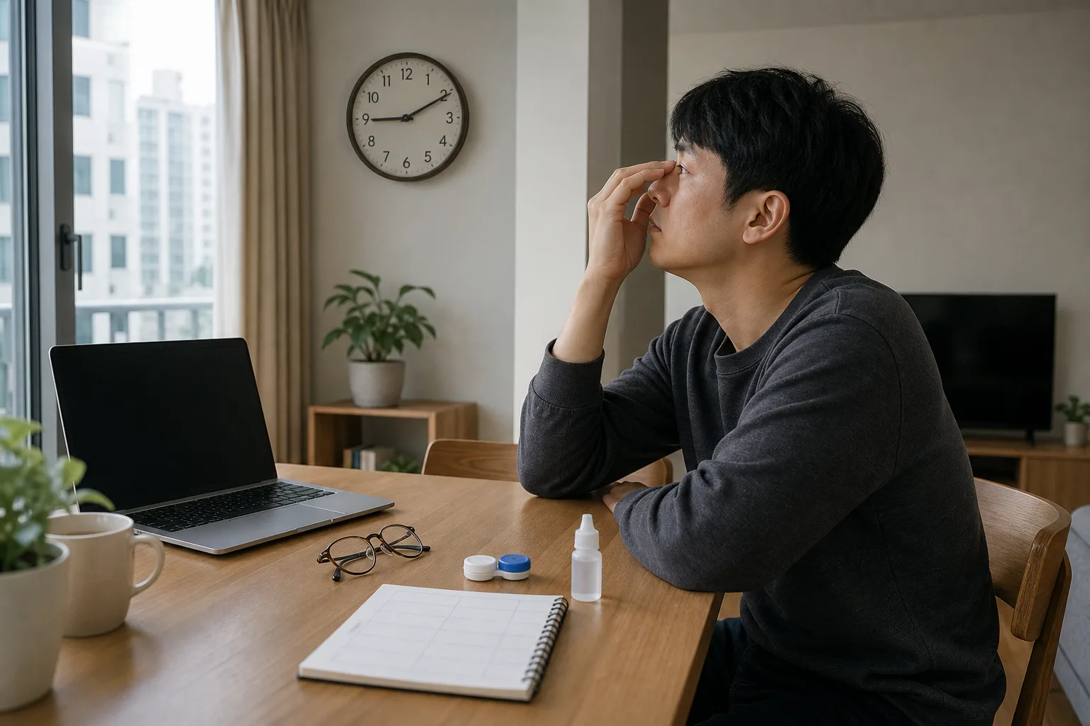 눈충혈이 심해지는 시간과 화면 사용·렌즈 착용을 떠올리며 상담 전 생활 조건을 정리하는 한국인 환자 장면