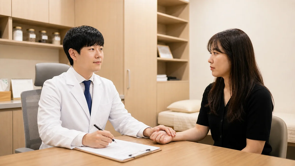 눈꺼풀 떨림 환자가 초진 상담에서 떨림 기간과 생활 기록을 설명하는 장면