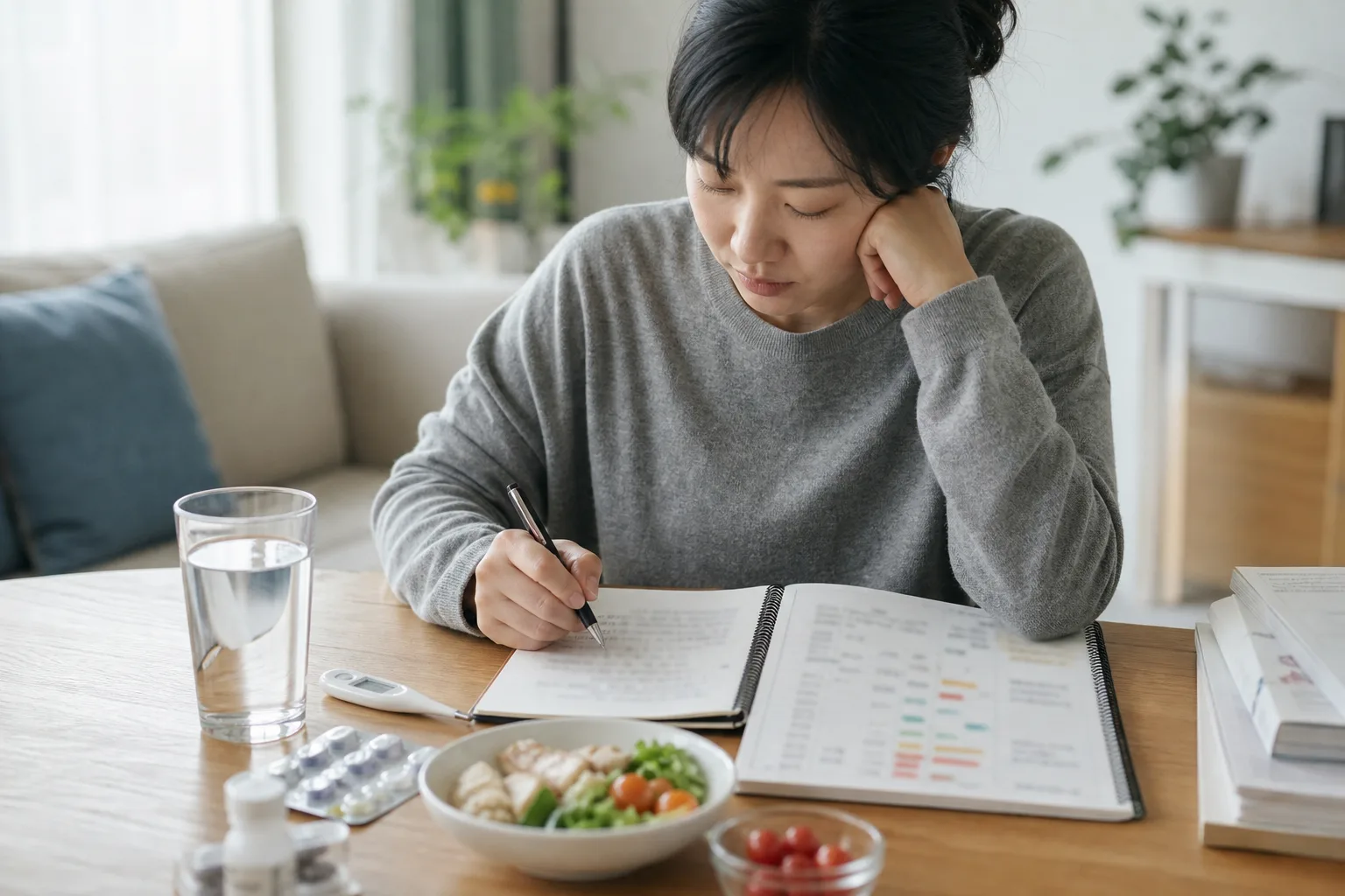 눈꺼풀 떨림 환자가 수면, 카페인, 복용 약과 떨림 시간표를 상담 전 기록하는 장면