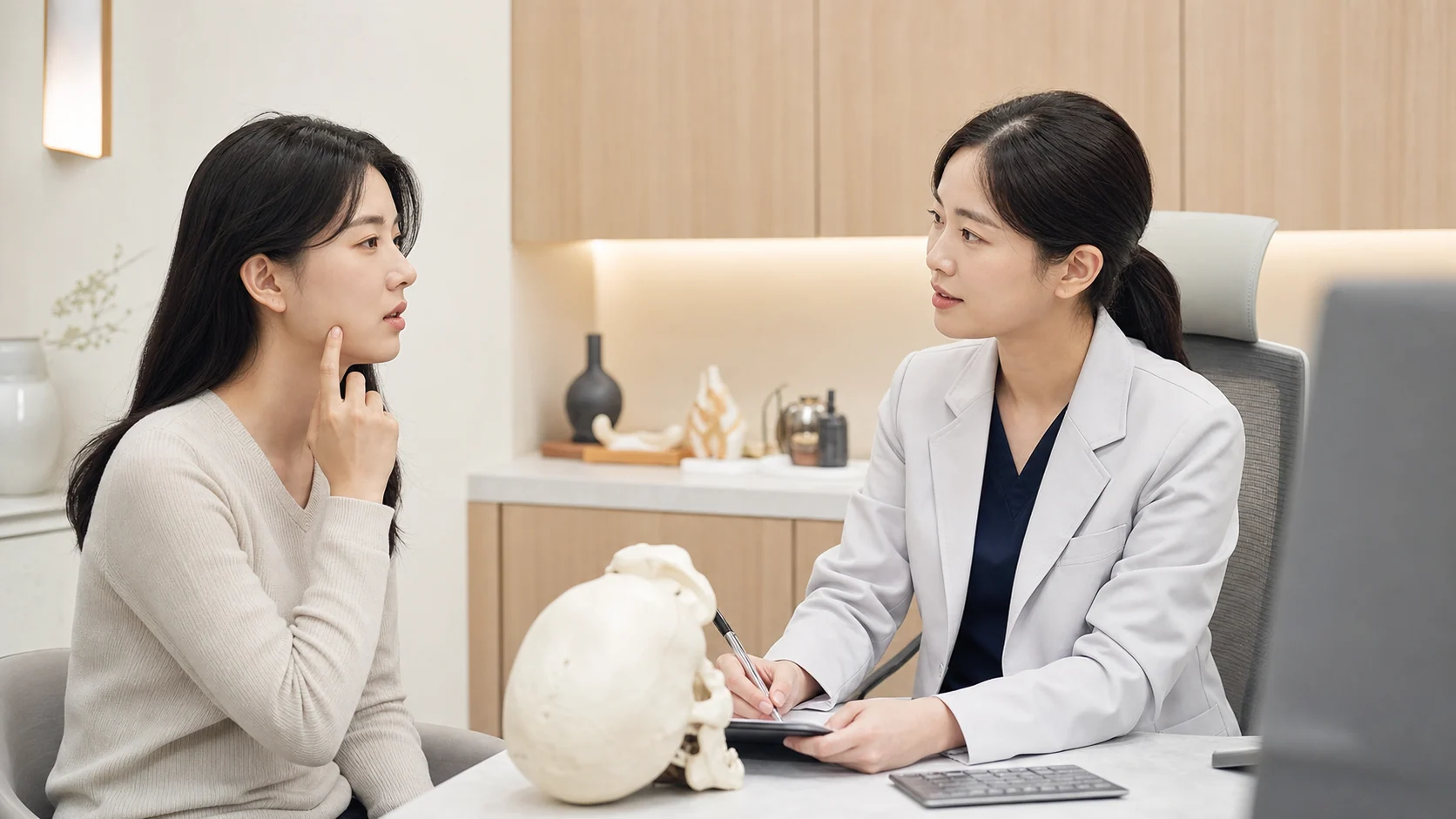 안면비대칭 환자가 턱선과 얼굴 좌우 차이, 씹기 불편을 한국인 의료진과 상담하는 국내 한의원 진료실 장면