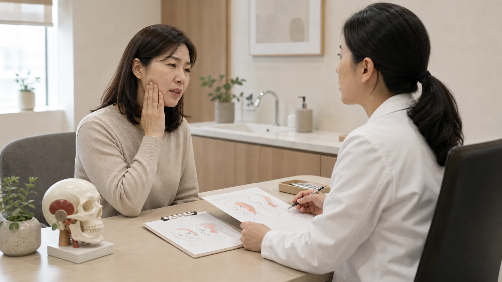 안면부통증 환자가 국내 한의원 상담 공간에서 볼과 턱 통증 위치를 설명하는 장면