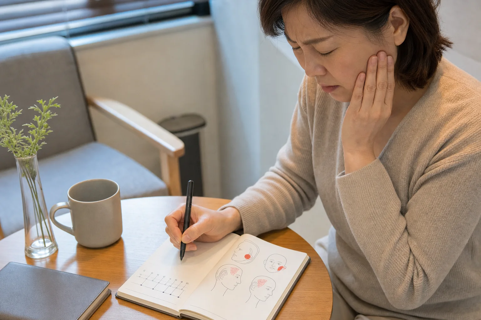 한국인 환자가 볼과 턱 통증을 짚으며 관자·볼·턱관절 통증 기록을 적는 장면