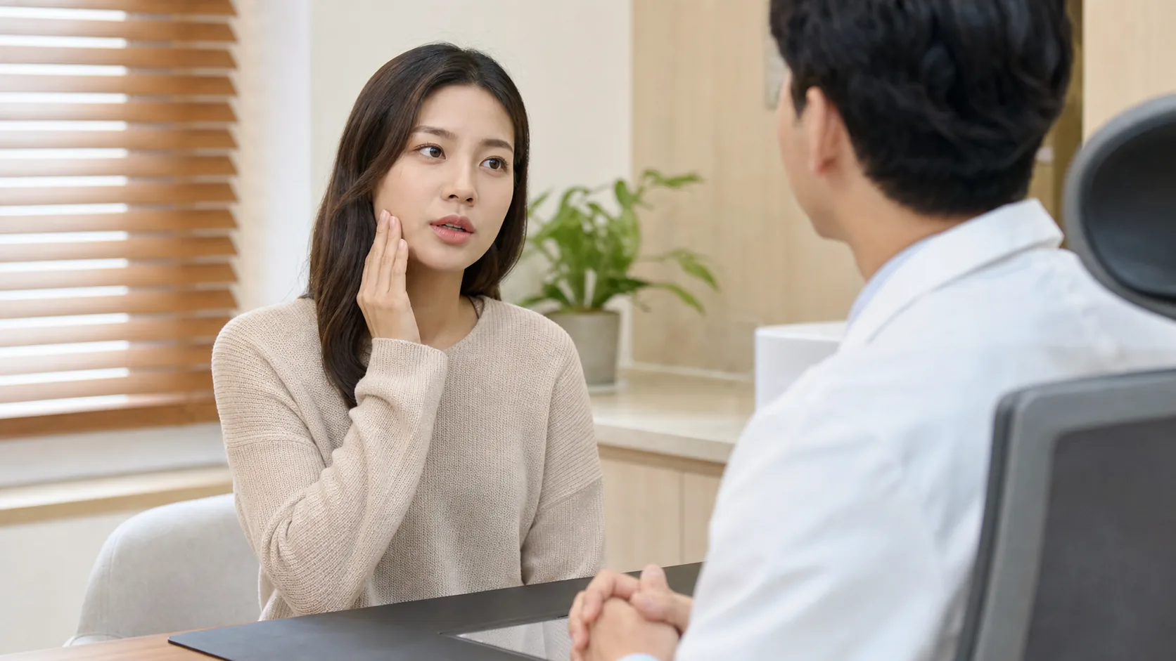 한국인 안면감각이상 환자가 볼 저림을 설명하며 초진 상담을 받는 장면