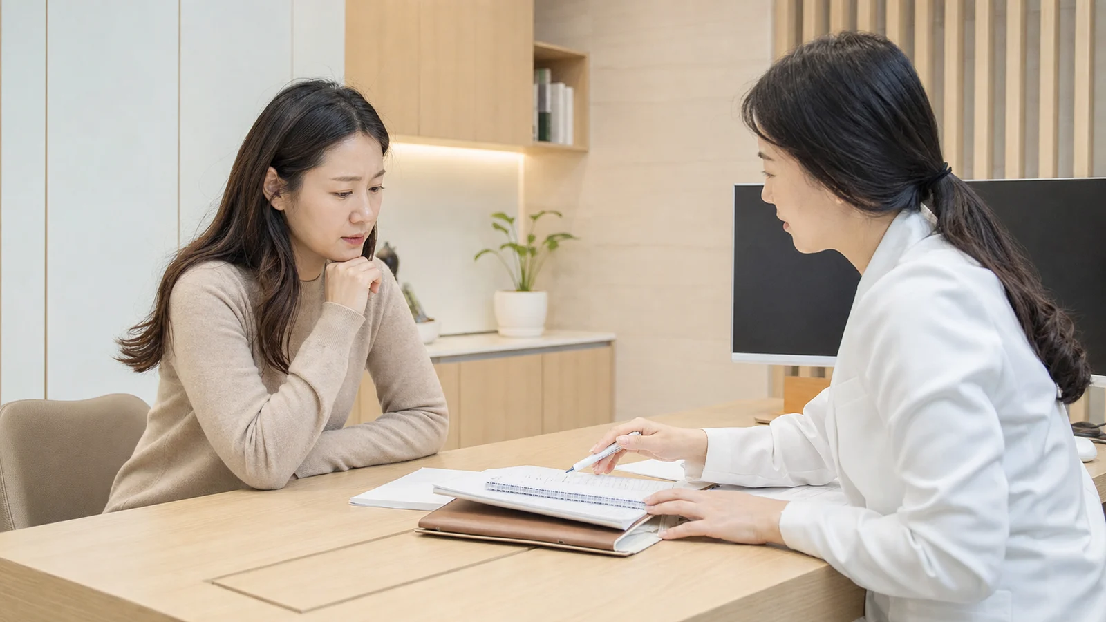 국내 한의원 진료실에서 한국인 환자가 여성형 탈모로 넓어진 가르마와 정수리 숱 변화를 한국인 의료진과 상담하는 사진
