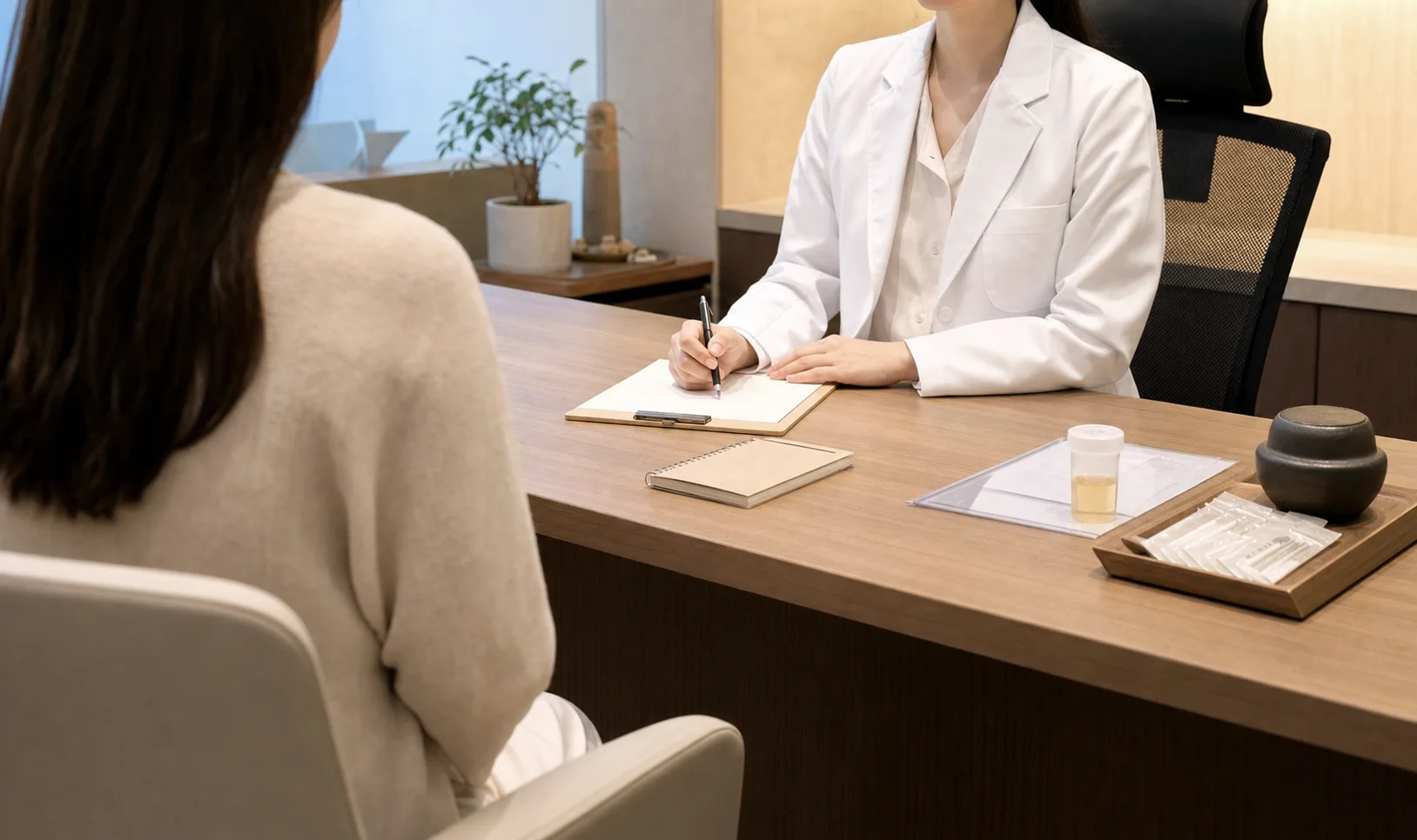 여성요도염 환자가 요도 따가움과 배뇨 불편을 한의원 초진에서 조심스럽게 상담하는 장면