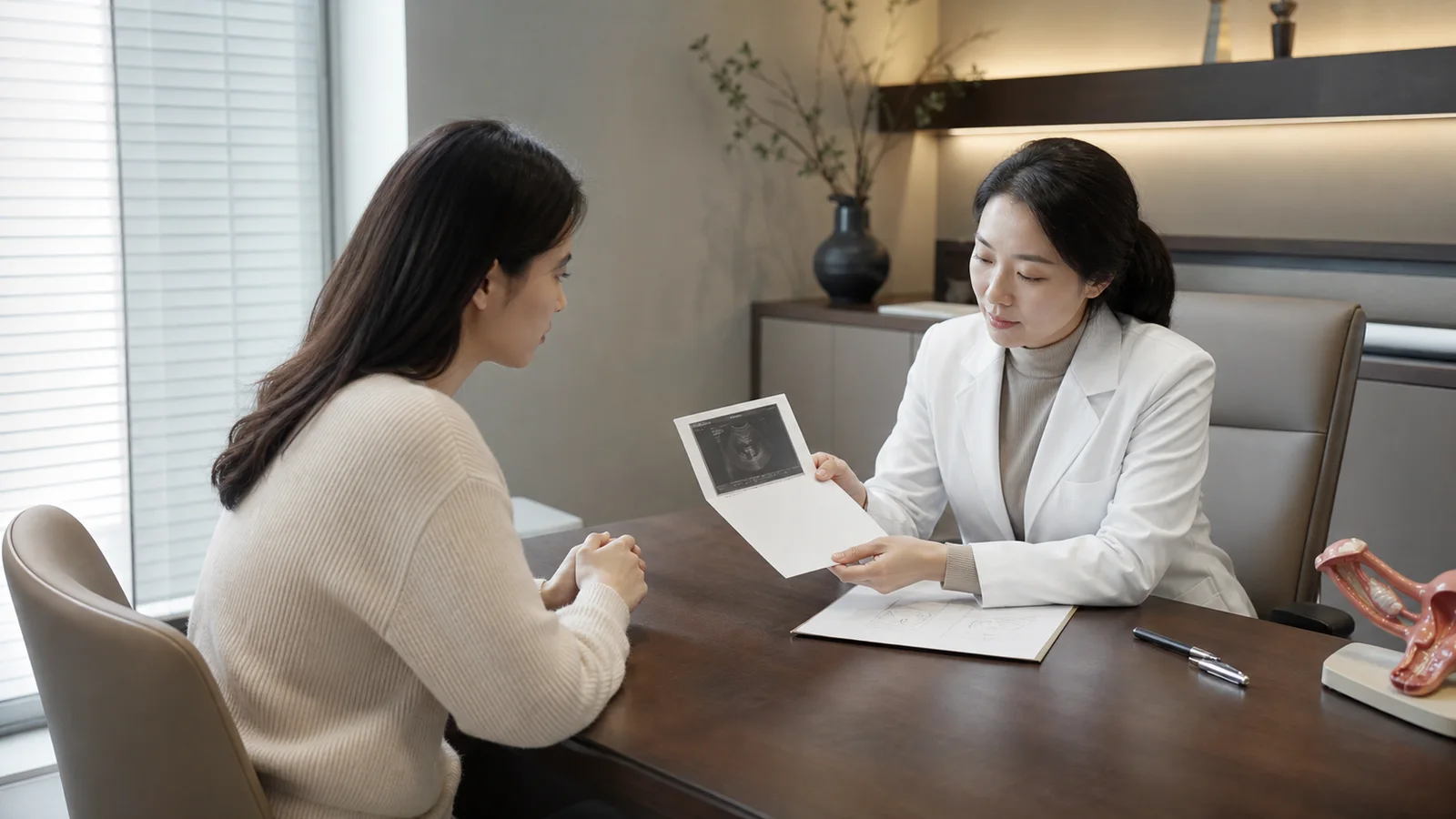 자궁근종 초진에서 초음파 기록과 생리량 변화, 골반압박 상담을 함께 시작하는 장면