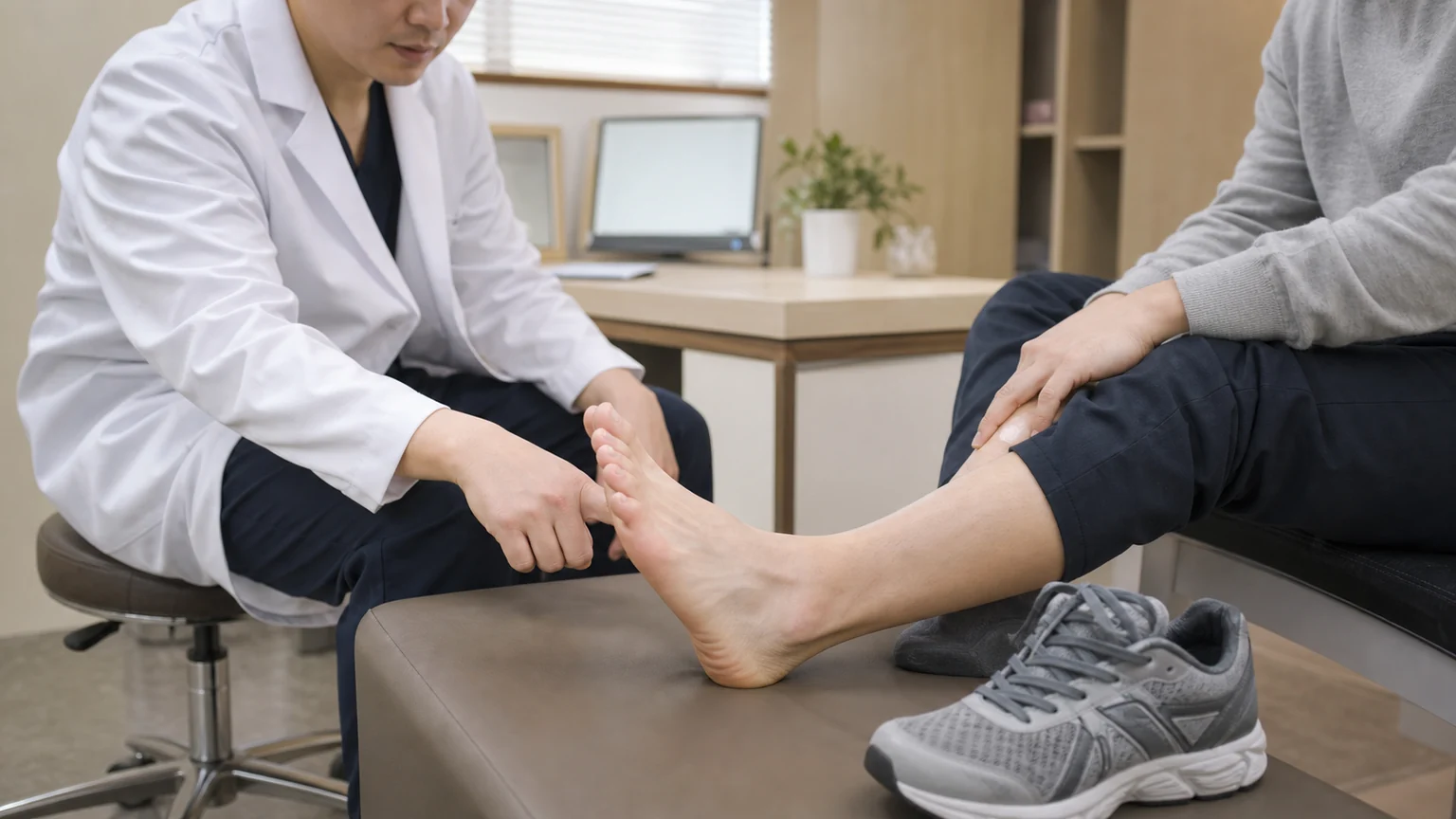 발 통증 상담에서 발바닥과 신발 착용 불편을 함께 확인하는 국내 한의원 진료 장면
