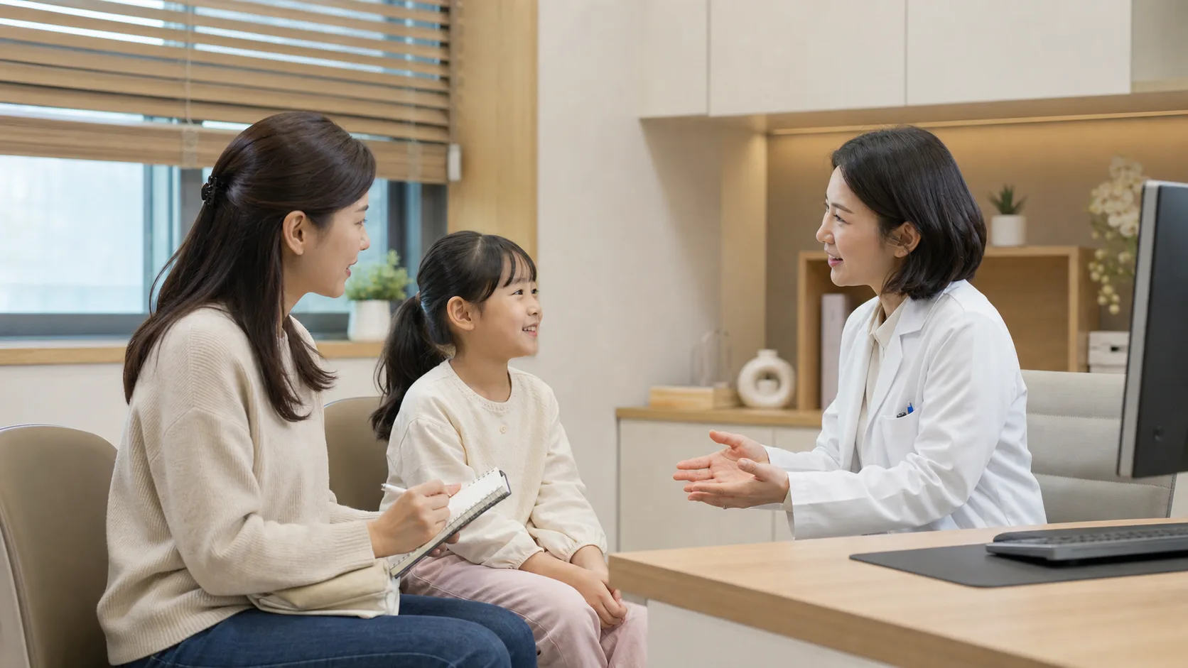 소아잦은감기 아이와 보호자가 밝은 국내 한의원 상담실에서 반복 감기 기록을 들고 상담하는 사진