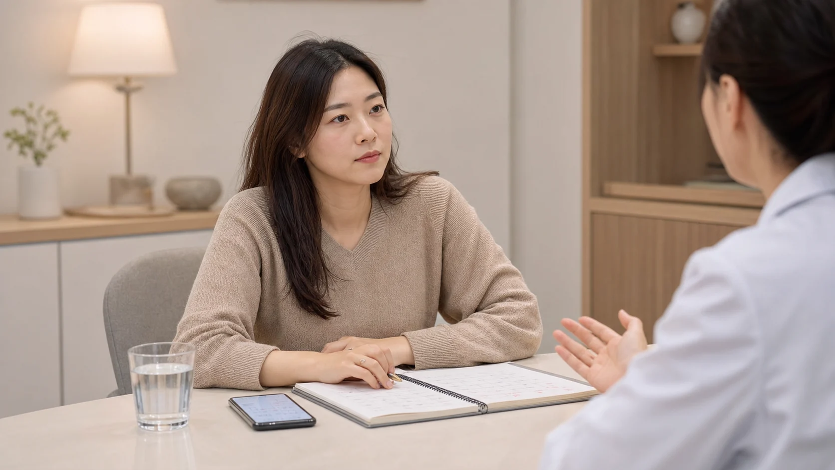 빈뇨와 야간뇨 환자가 국내 한의원 진료실에서 배뇨 시간표와 수면 방해를 상담하는 장면