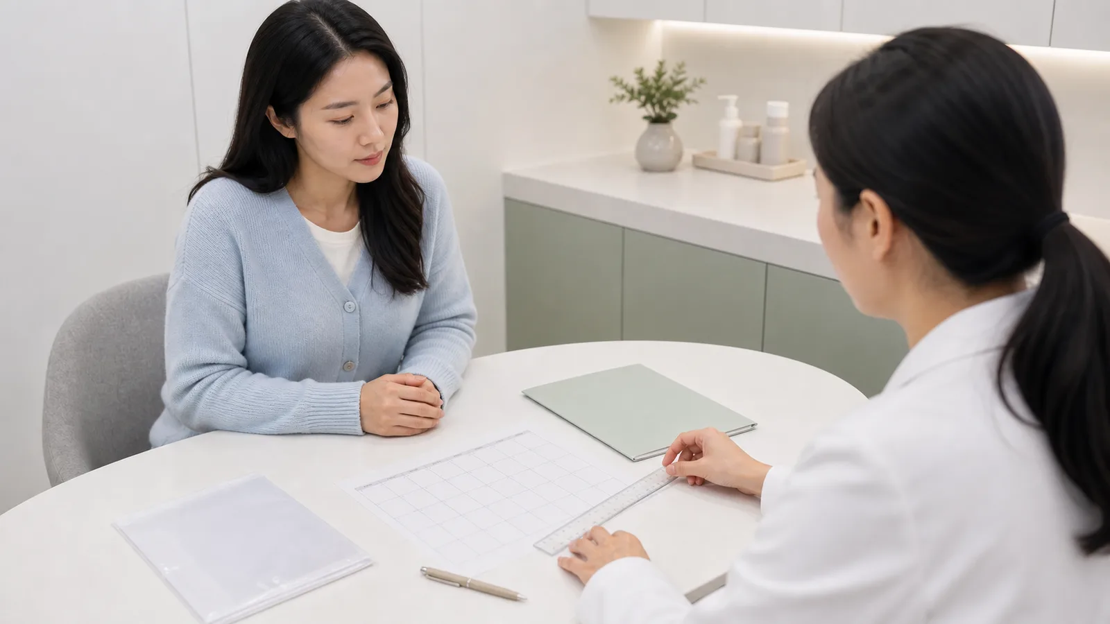 기능성 소화불량 환자가 식후 포만감과 검사 기록을 상담하는 현대 한의원 진료실 장면