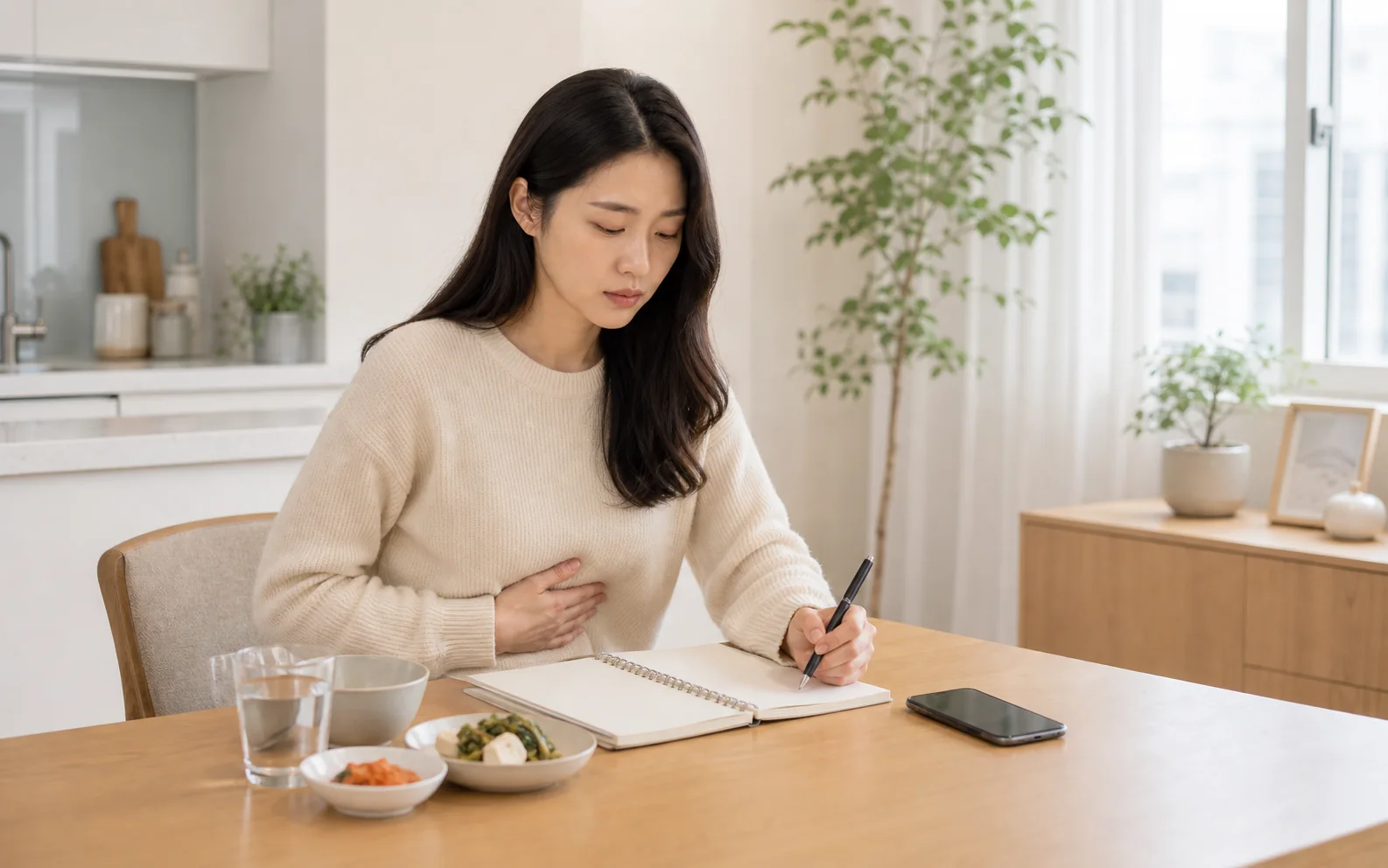 소아 기능성 소화불량 보호자가 아이의 식사량과 식후 더부룩함 수면 배변 변화를 간단히 기록하는 장면