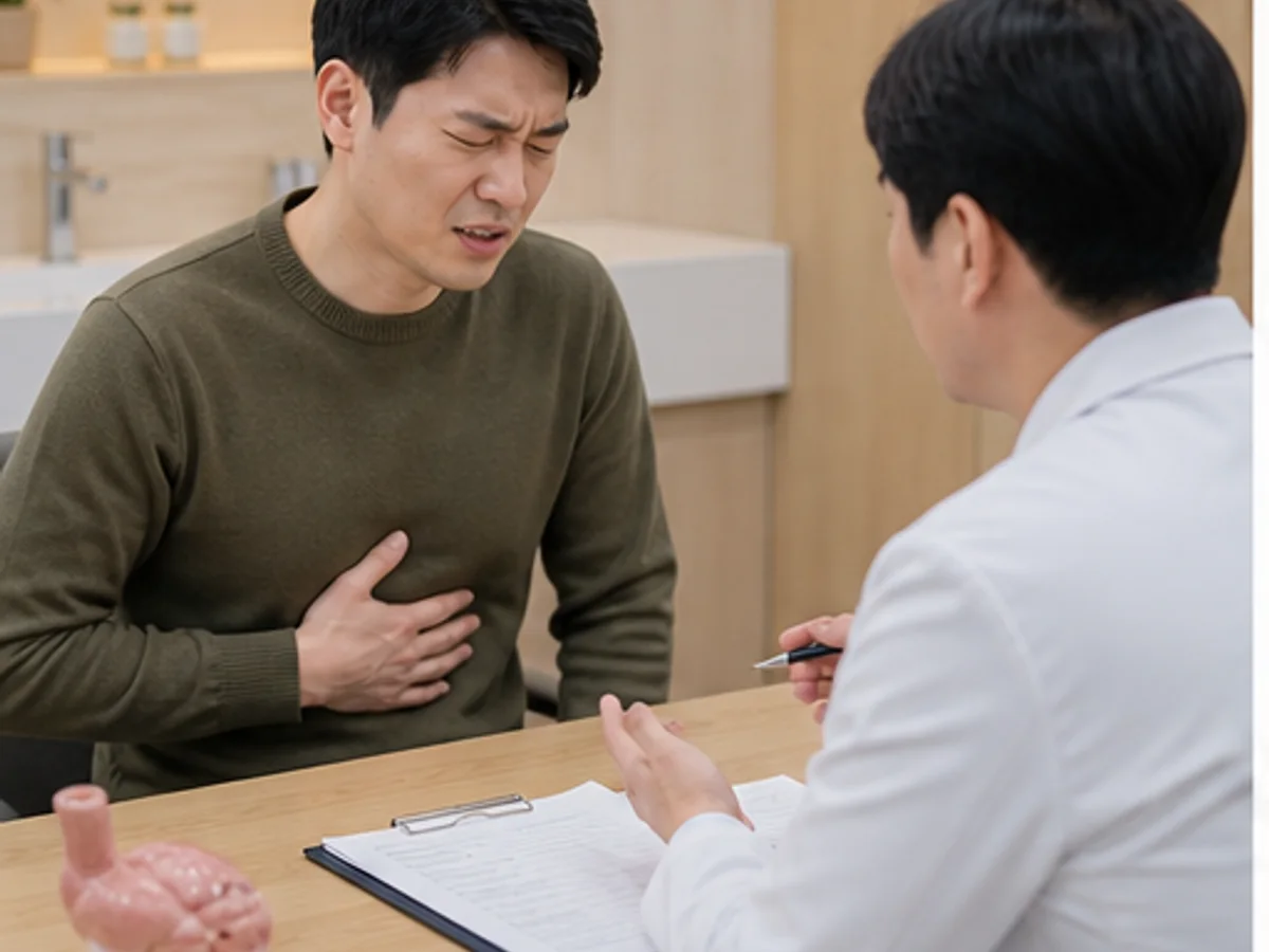 위경련으로 갑작스러운 명치 통증과 안전 신호를 상담하는 모던 한의원 장면