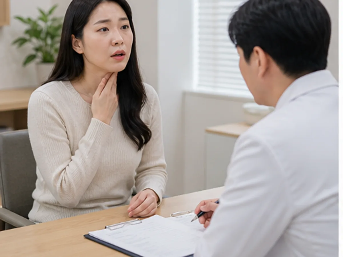 매핵기 환자가 목 이물감과 헛기침을 초진 상담에서 설명하는 모던 한의원 장면