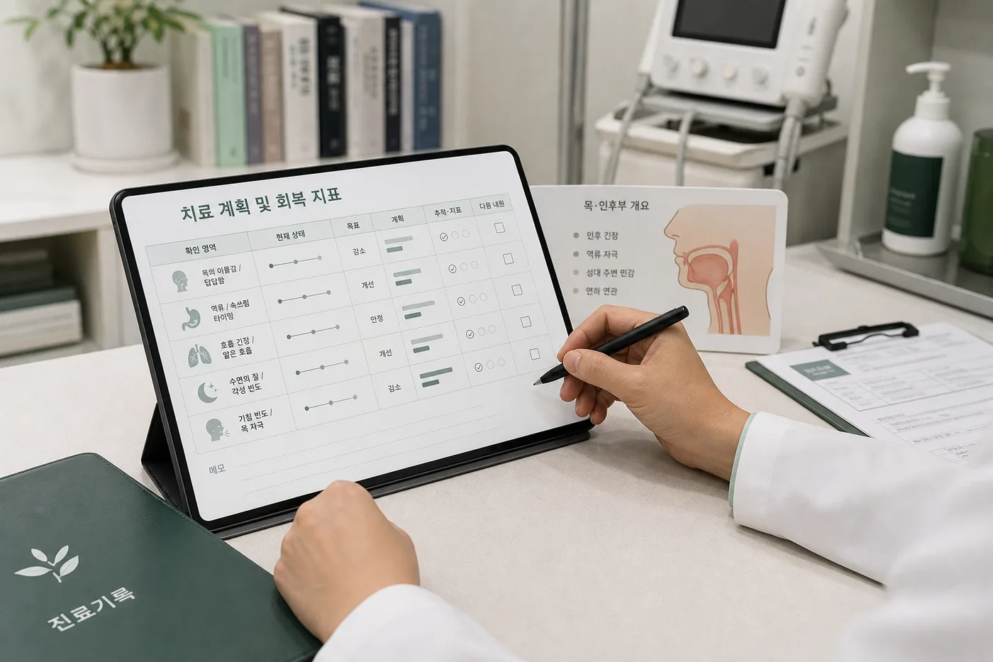 매핵기 치료계획과 회복 지표를 모던 한의원 치료환경에서 정리하는 장면