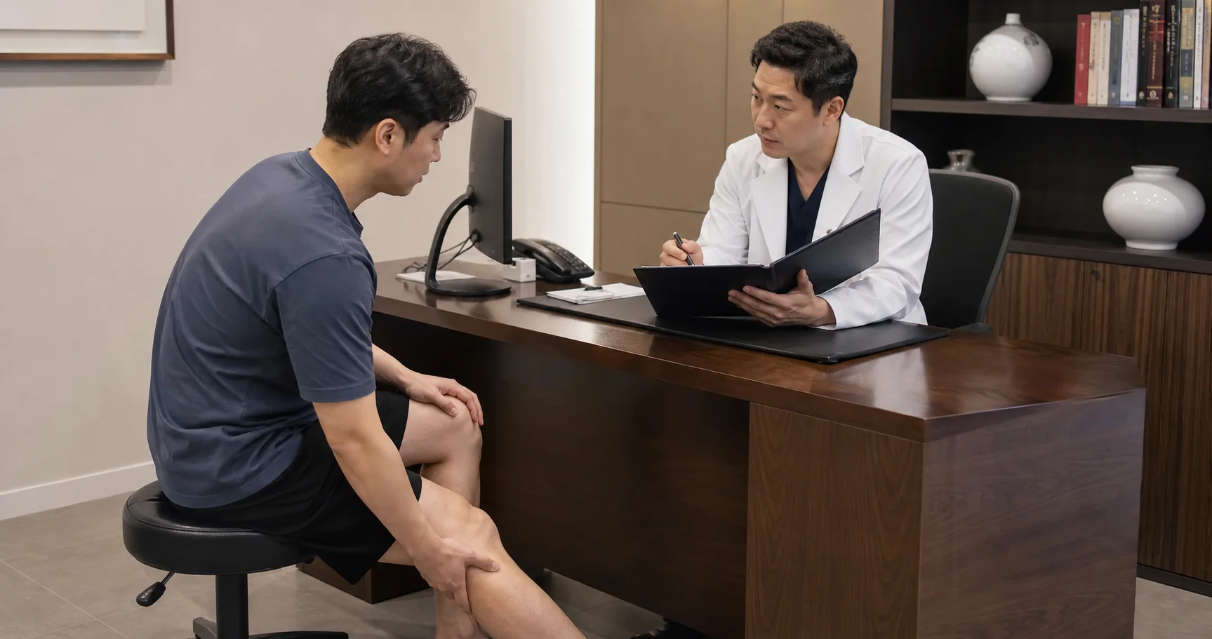 한국인 통풍 환자가 국내 한의원 상담실에서 발작 시점과 요산 수치 기록을 의료진과 정리하는 장면