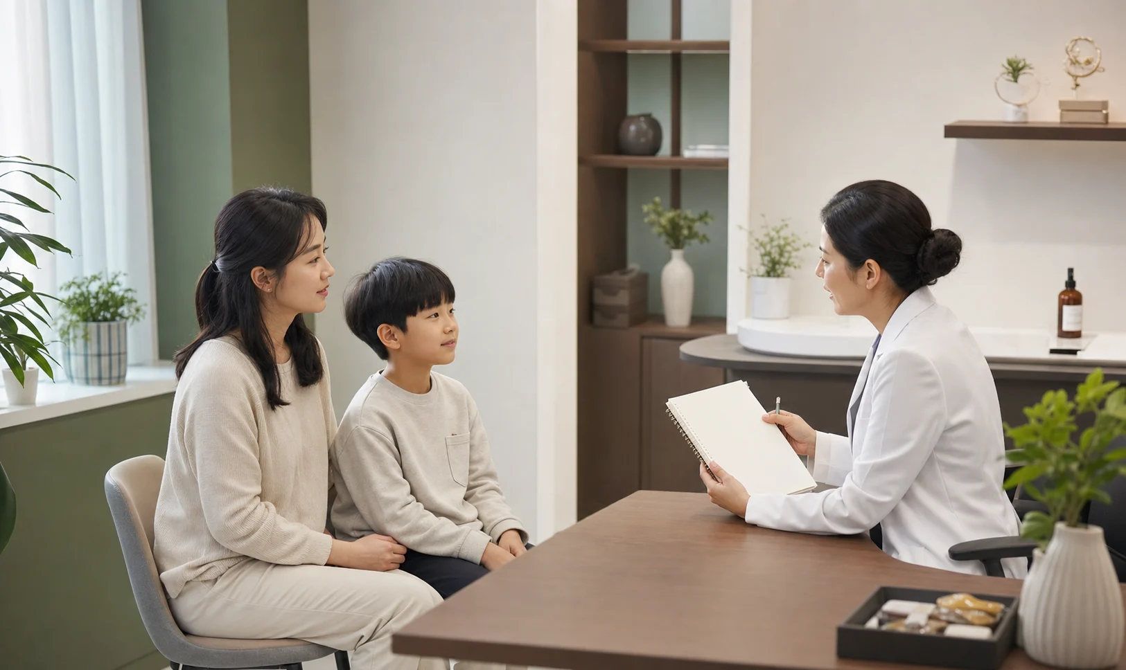 한국인 보호자와 아이가 성장통 상담을 시작하는 국내 한의원 진료실 사진