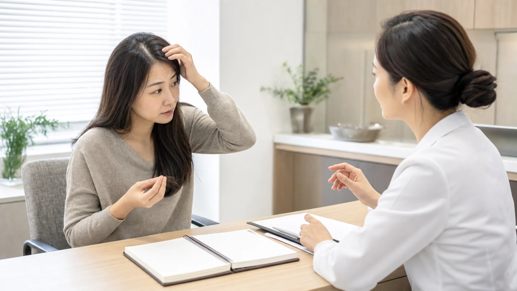 산후탈모 환자가 출산 후 머리카락 빠짐과 가르마 변화를 여성 의료진과 상담하는 밝은 진료실 사진