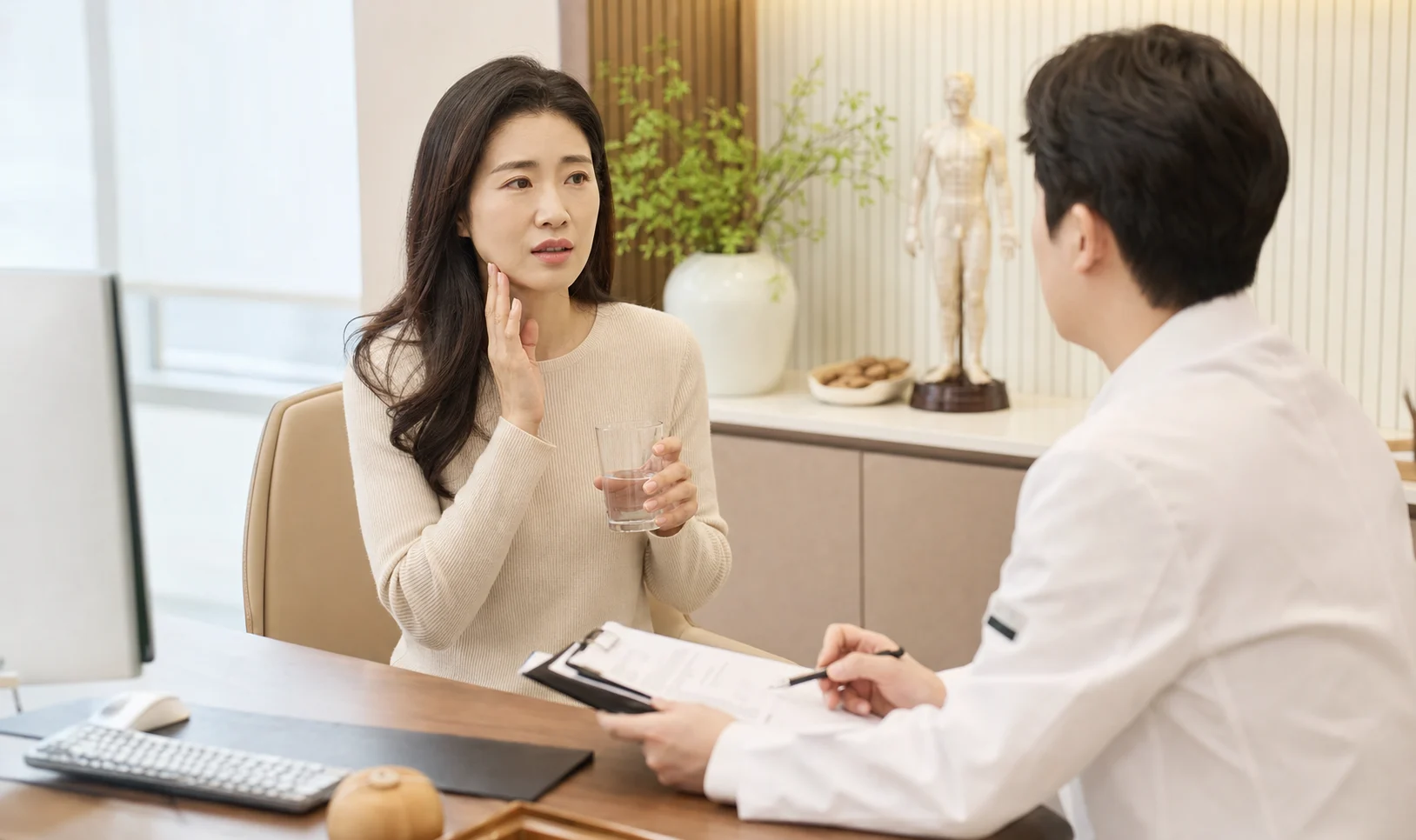 구취 환자가 입마름과 대화 불편을 밝은 한의원 진료실에서 상담하는 장면