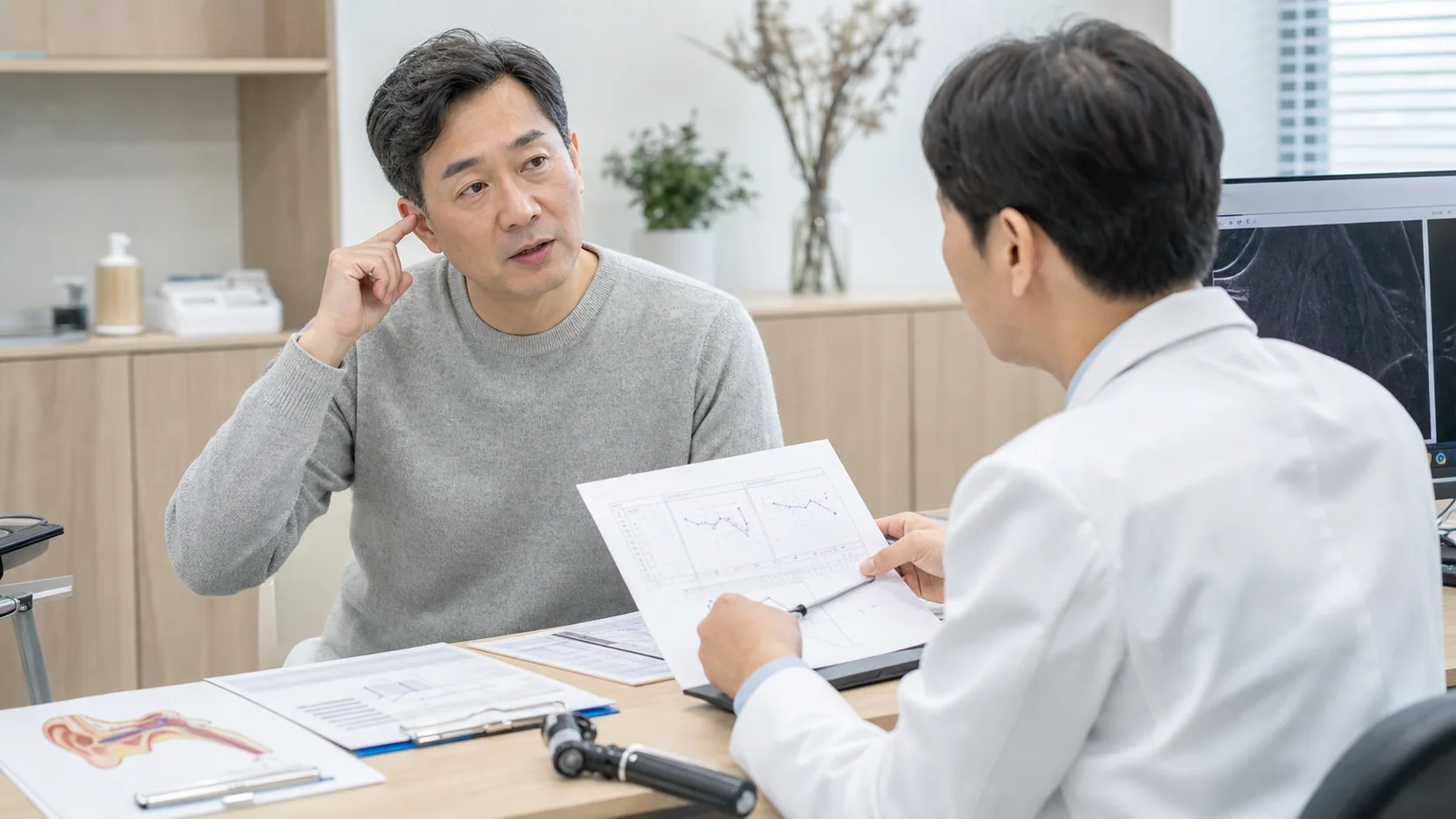 한국인 난청 환자가 한쪽 귀 먹먹함과 청력검사 기록을 의료진과 상담하는 국내 의료 상담 공간