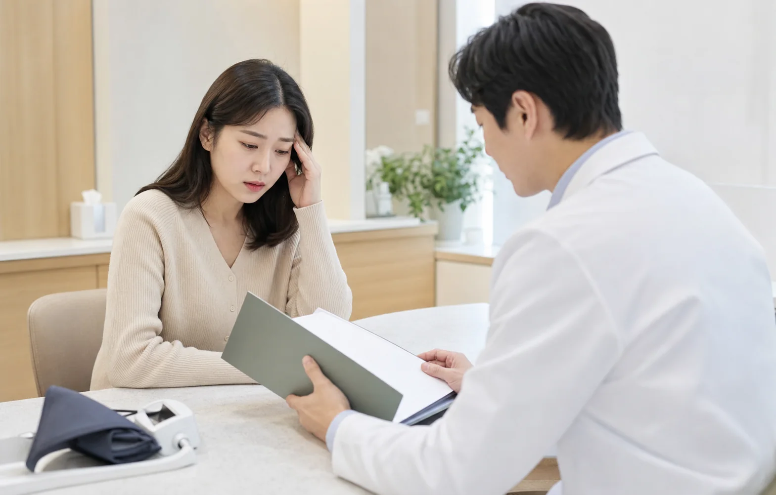 혈뇨 환자가 소변검사 자료와 증상 변화를 상담하는 밝은 현대 한의원 초진 장면