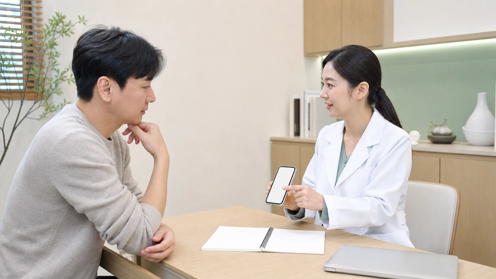 헤르페스 환자가 국내 한의원 진료실에서 반복 물집과 재발 조건을 상담하는 장면