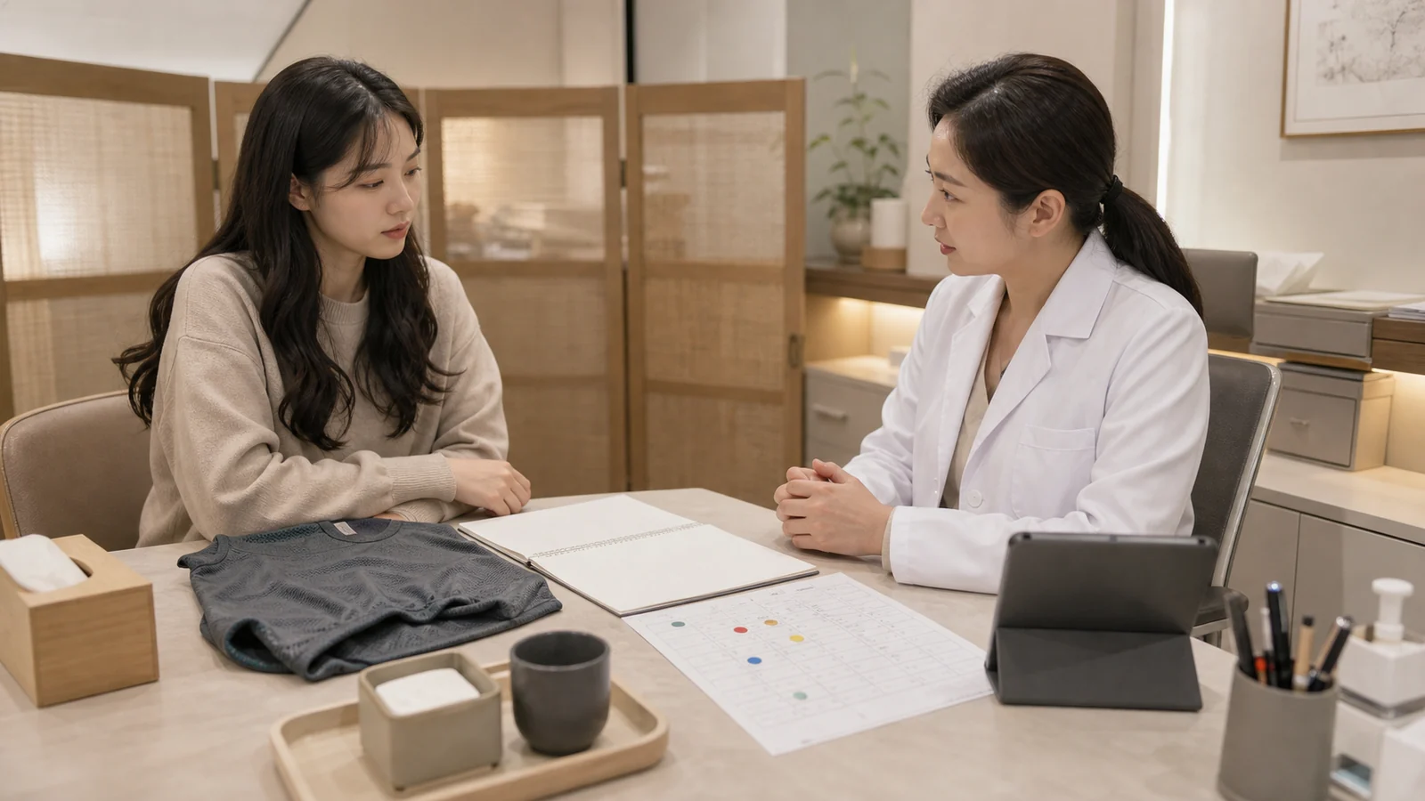 한국인 화농성 한선염 환자가 국내 한의원 진료실에서 반복 염증과 흉터 걱정을 상담하는 장면