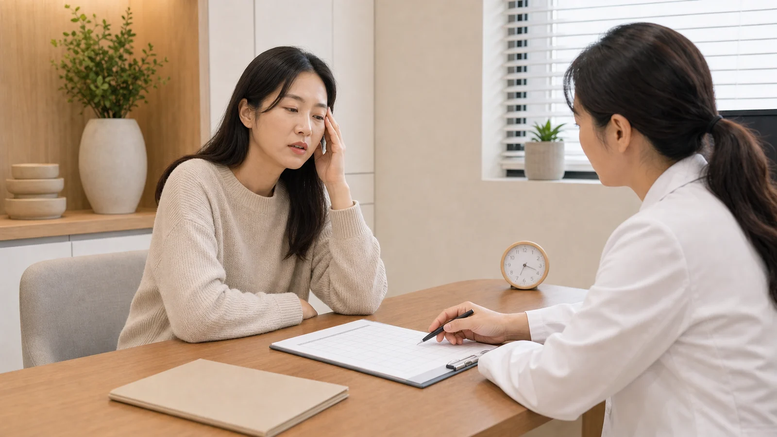 한국인 과다수면 환자와 한국인 의료진이 밝은 국내 한의원 진료실에서 낮 졸림 상담을 시작하는 사진