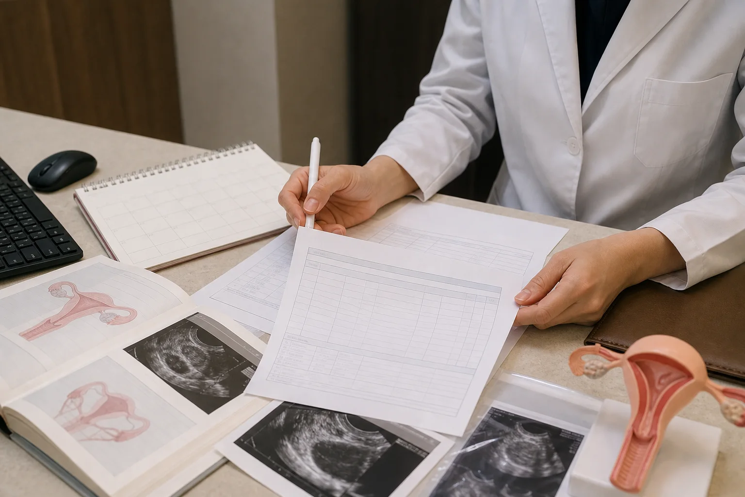 월경과소 진료 체크포인트에서 호르몬 검사 자료와 초음파 자료, 월경 달력을 확인하는 장면