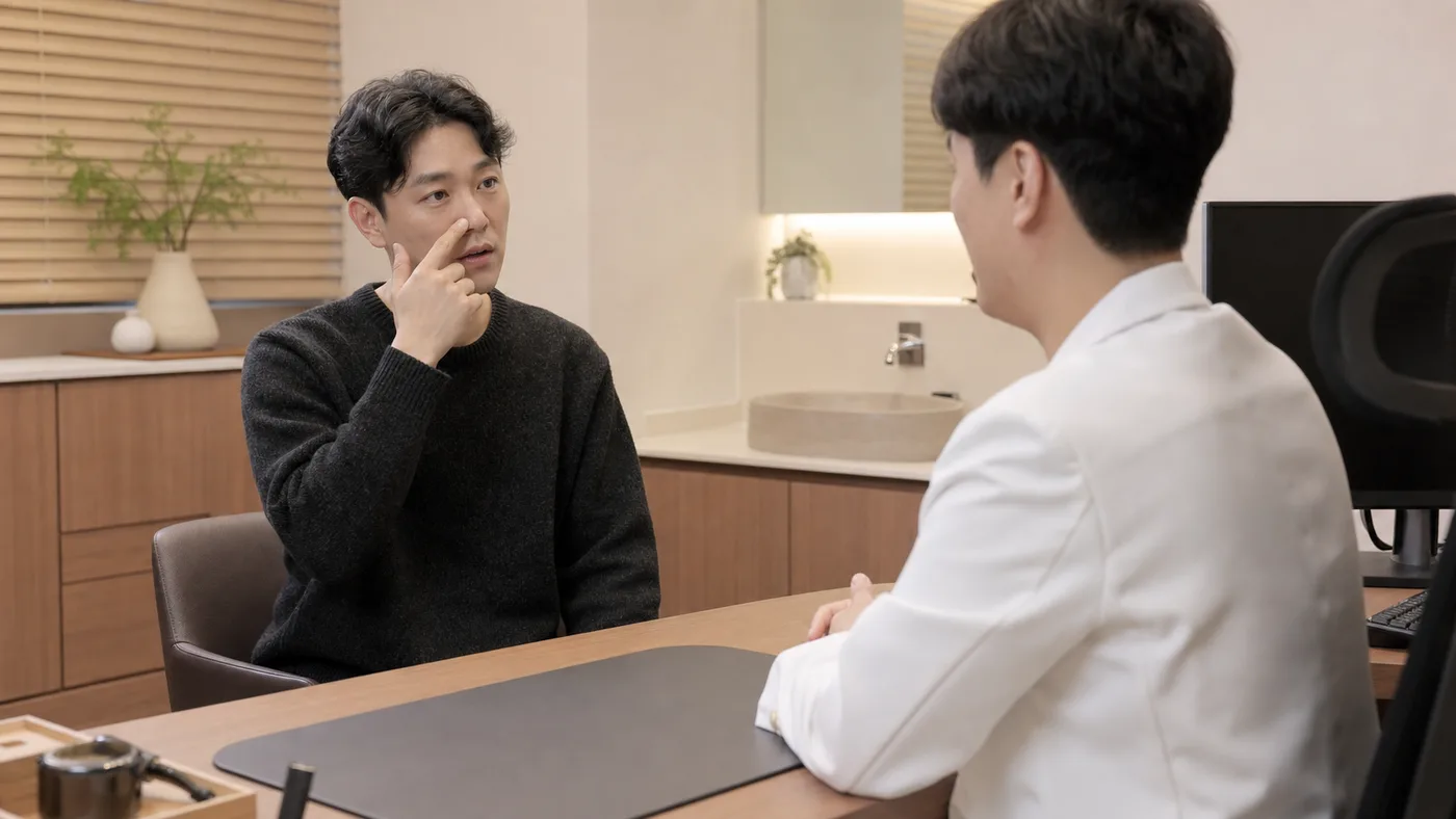 후각저하로 냄새가 약해진 시점과 생활 불편을 설명하는 한국인 환자의 국내 한의원 상담 장면