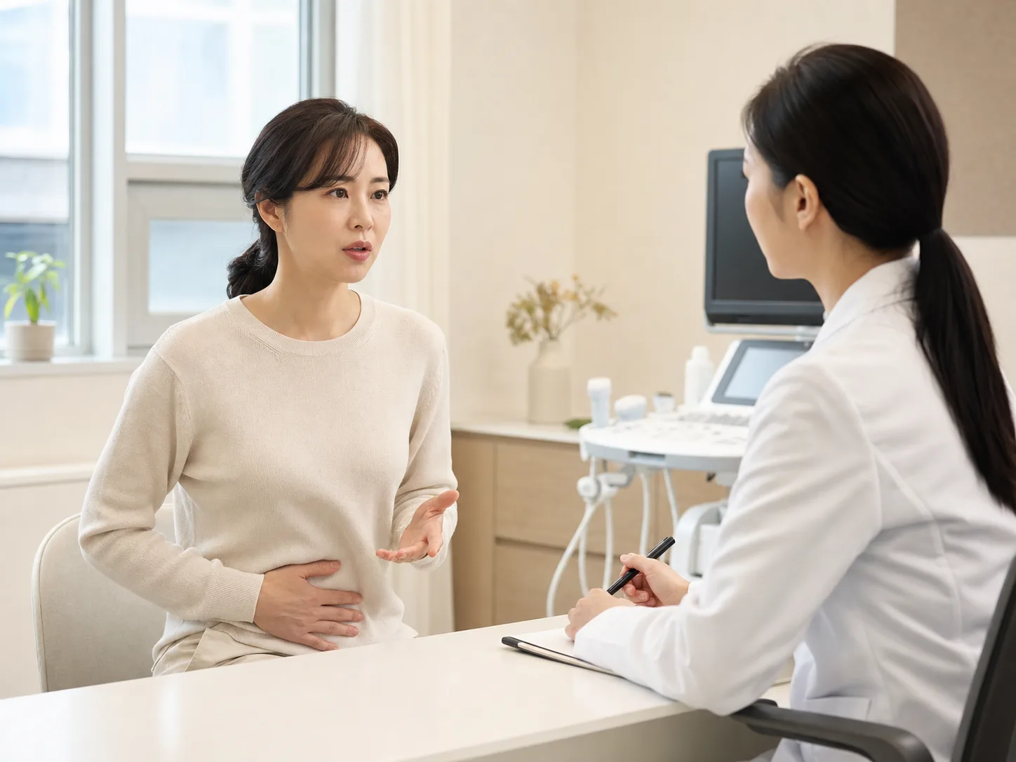 과민성대장증후군 환자가 복통과 배변 변화로 상담받는 밝은 모던 클리닉 진료실 장면
