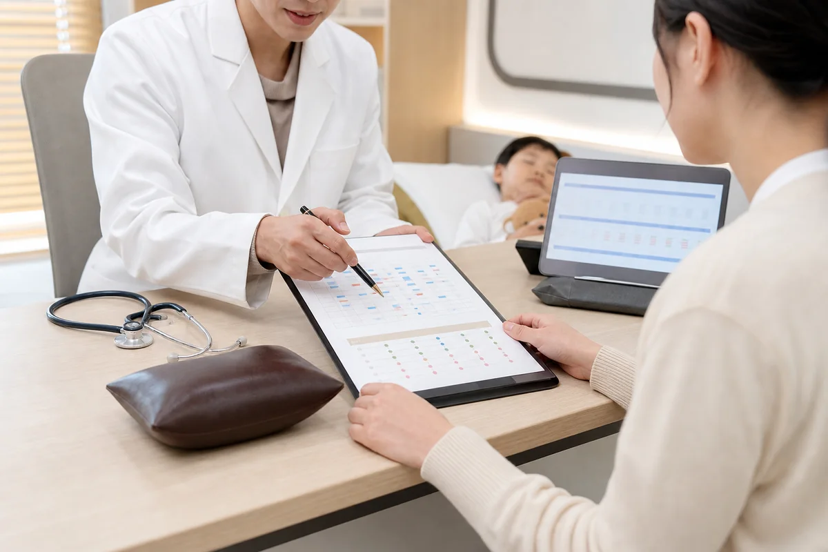 소아 불면 진료 체크포인트에서 수면 기록과 낮 컨디션 자료를 함께 확인하는 장면