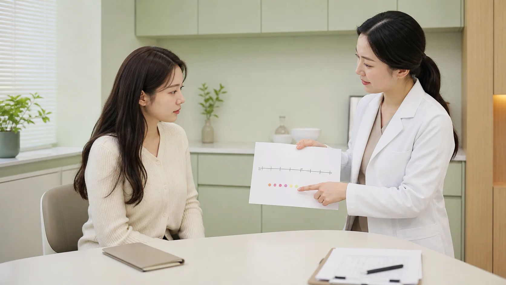생리불순 환자가 진료실에서 생리 주기 기록과 출혈 양상을 상담하는 장면