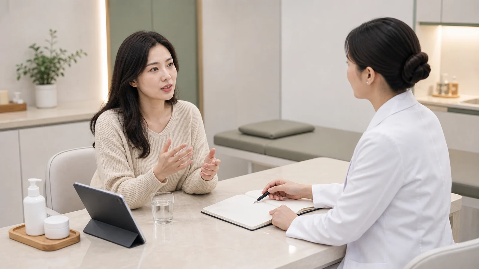 한국인 피부 가려움증 환자와 한국인 의료진이 국내 한의원 진료실에서 반복 가려움과 수면 방해를 상담하는 장면