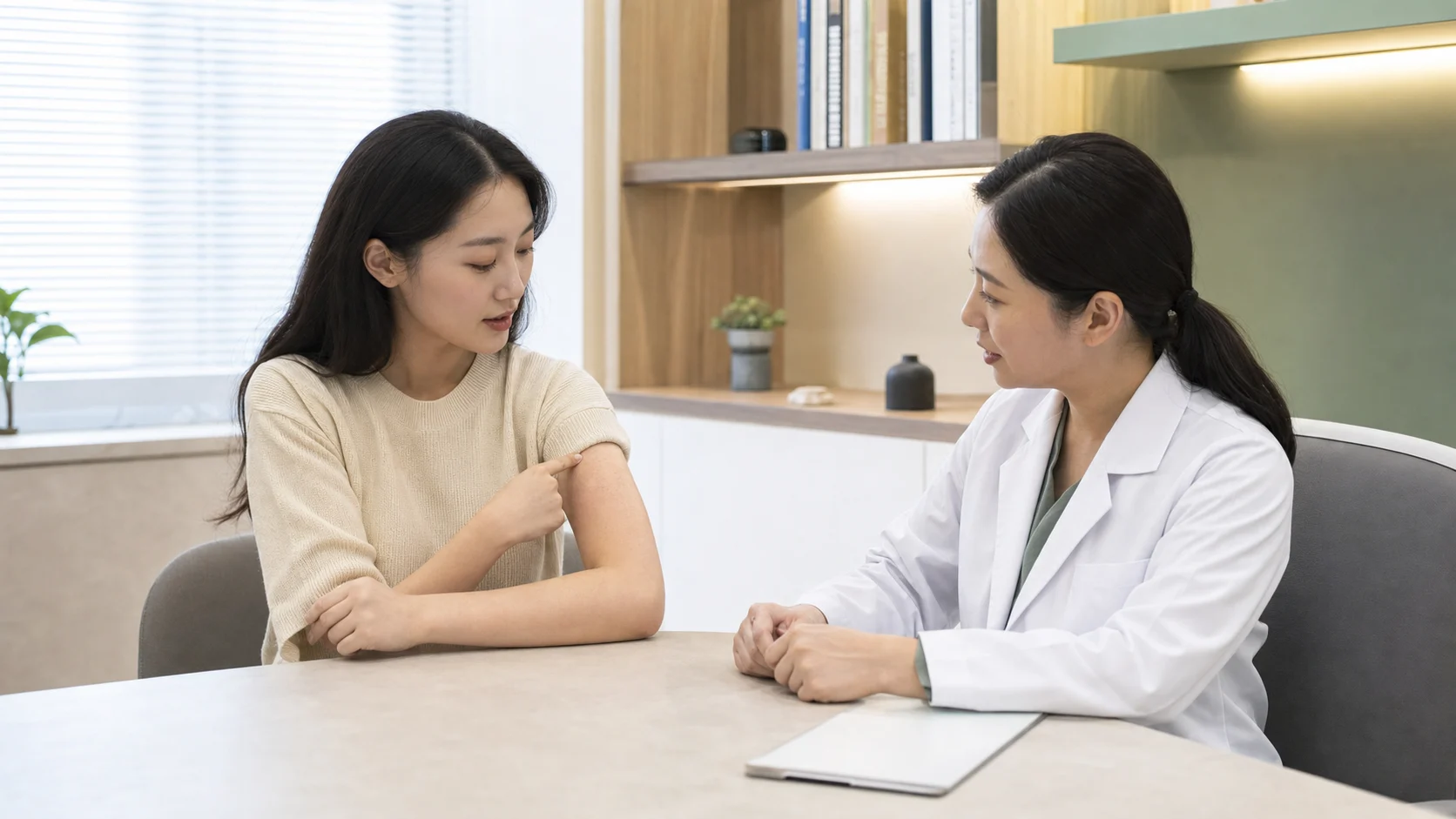 모공각화증 환자가 팔 바깥쪽의 거친 피부결을 한국인 의료진에게 상담하는 국내 한의원 진료실 장면