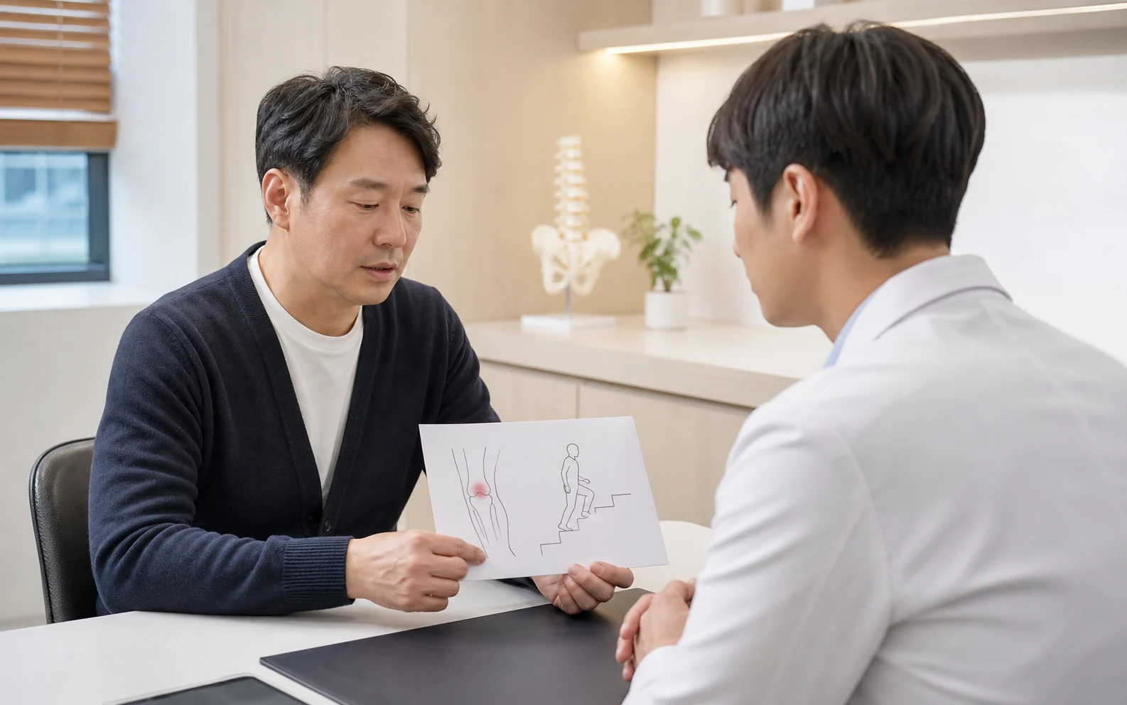 무릎 통증 환자가 계단과 보행 불편 기록을 들고 현대 한의원 진료실에서 상담하는 장면