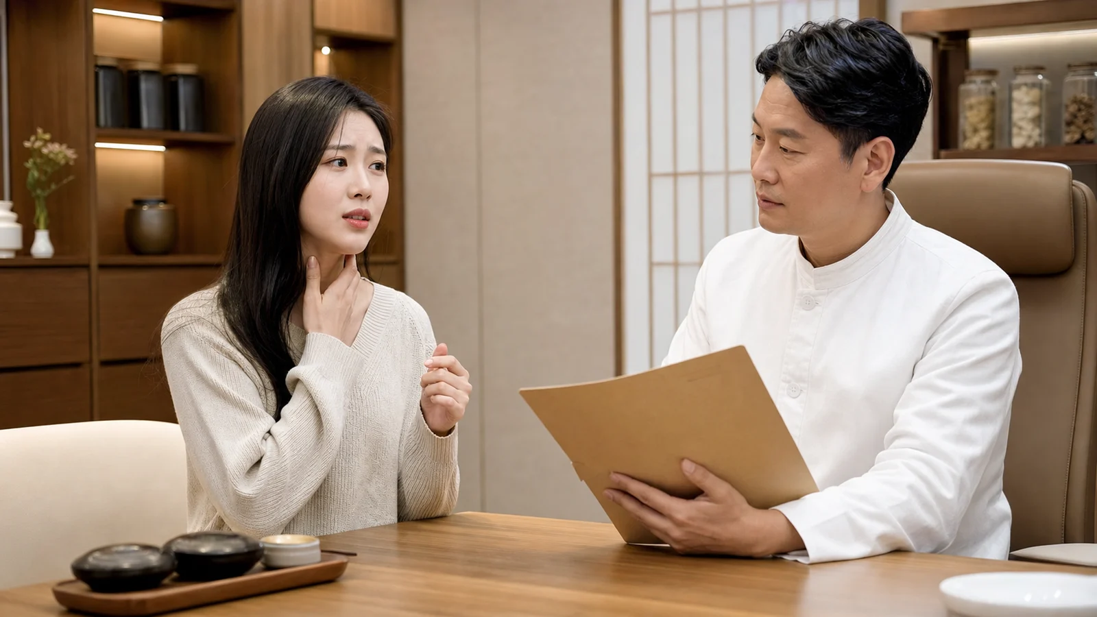 한국인 인후두염 환자가 국내 한의원 진료실에서 목통증과 쉰 목소리를 상담하는 장면