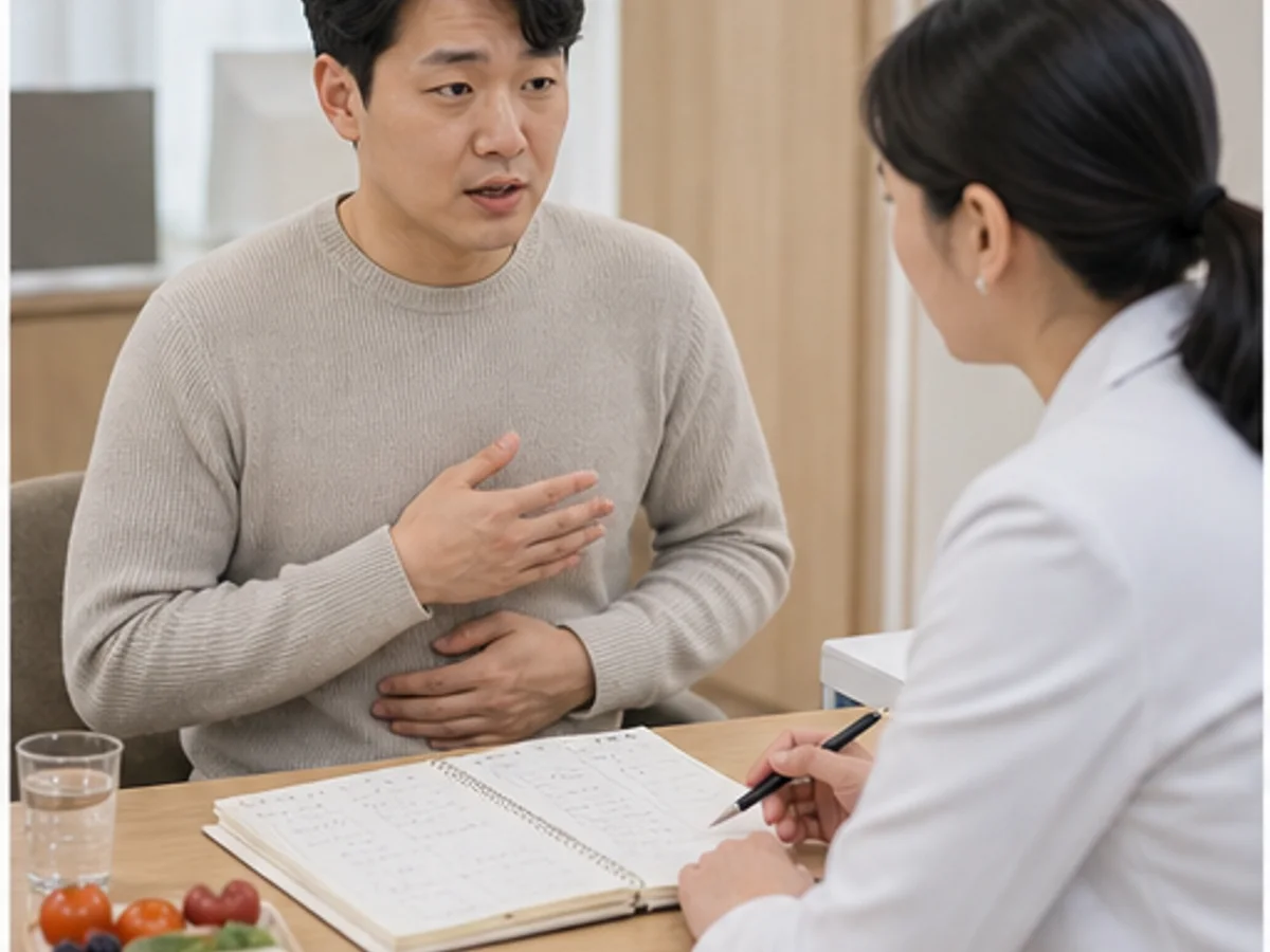 장누수증후군 의심 환자가 복부팽만과 음식 반응 기록을 들고 초진 상담을 받는 장면