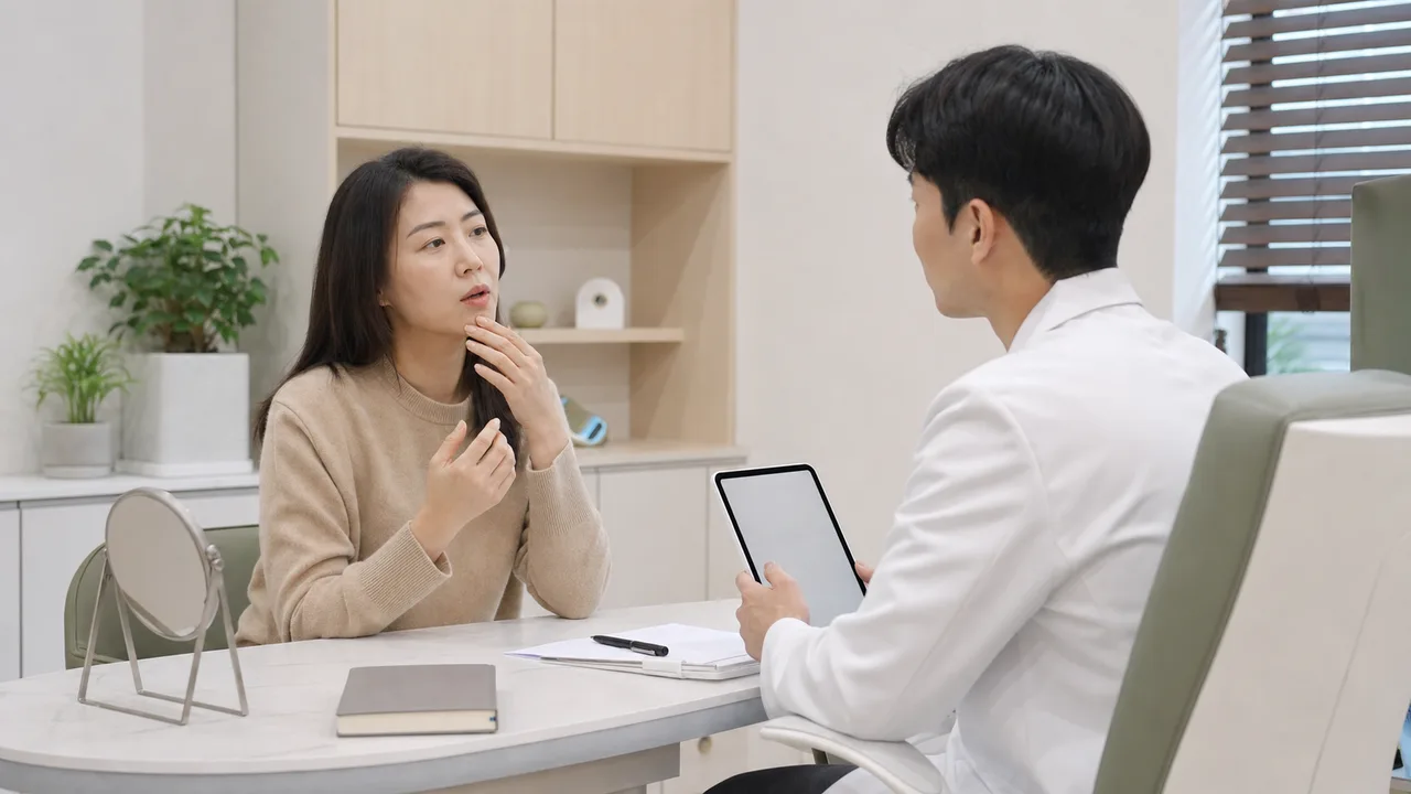태선 환자가 국내 한의원 진료실에서 가려움과 입안 불편을 상담하는 장면