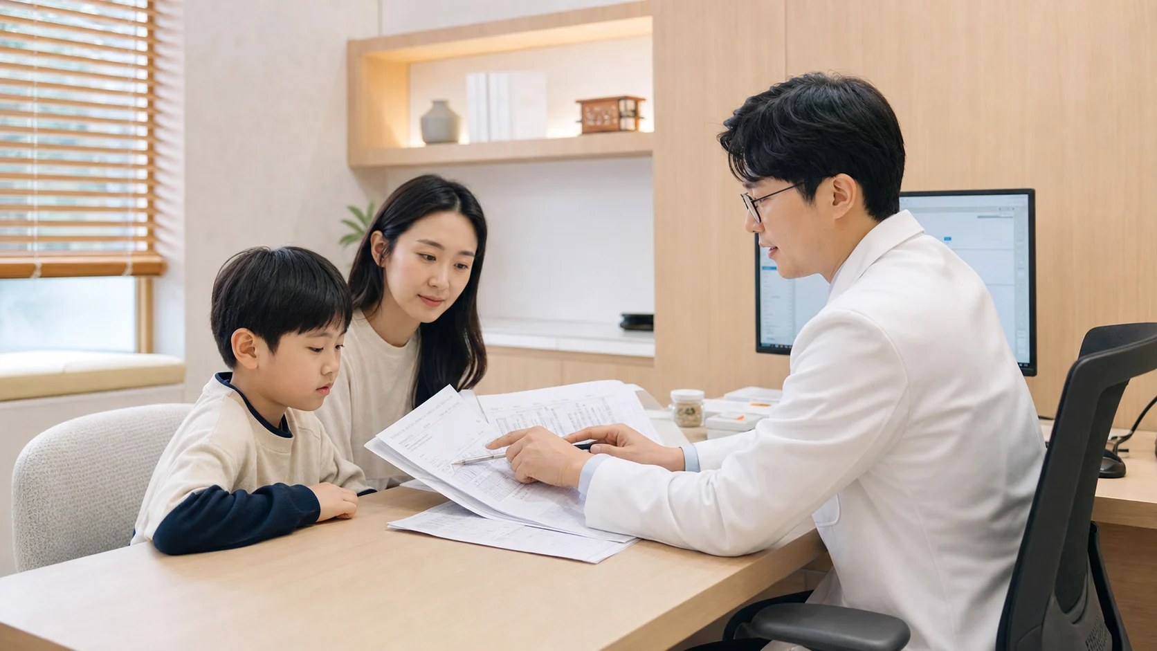 소아 식욕부진으로 보호자와 아이가 식사량과 성장 흐름을 상담하는 한의원 진료 장면
