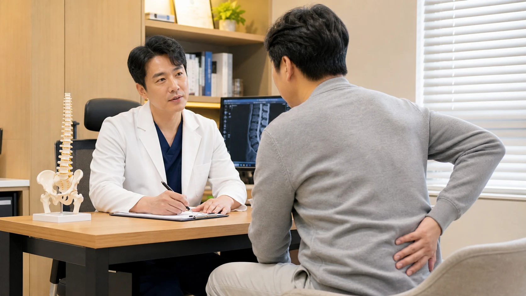 한국인 허리 통증 환자가 국내 한의원 상담실에서 오래 앉은 뒤 허리 불편을 설명하는 장면