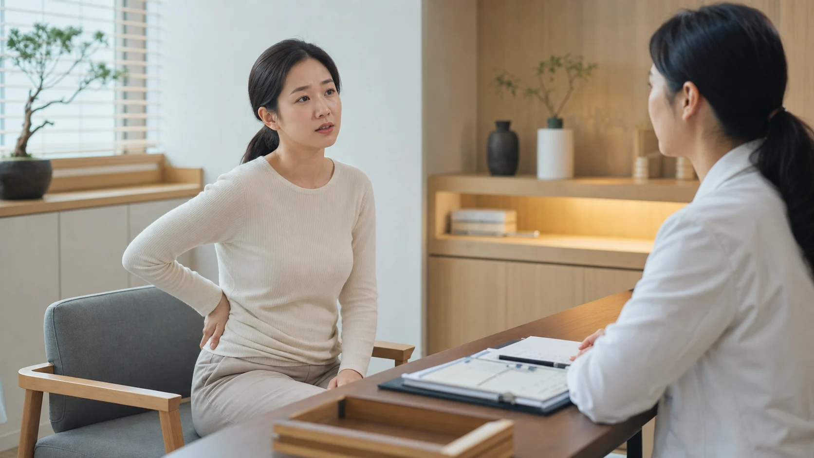 황체기결함 상담에서 한국인 여성 환자가 배란 뒤 고온기와 생리 전 출혈을 의료진과 이야기하는 장면